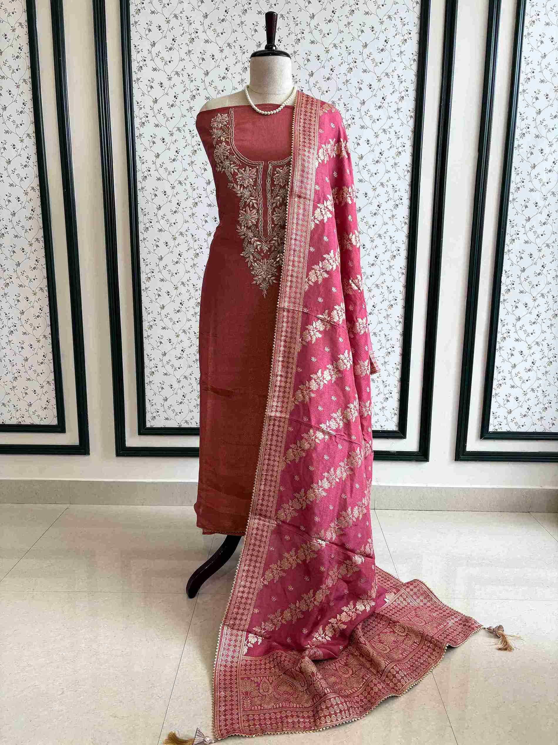 satin organza pink unstitched suit with zardozi neckline