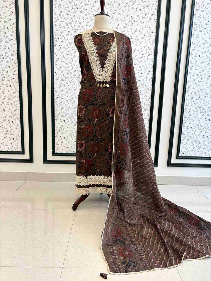 Dark chocolate brown cotton unstitched suit full front view with matching printed dupatta draped on mannequin