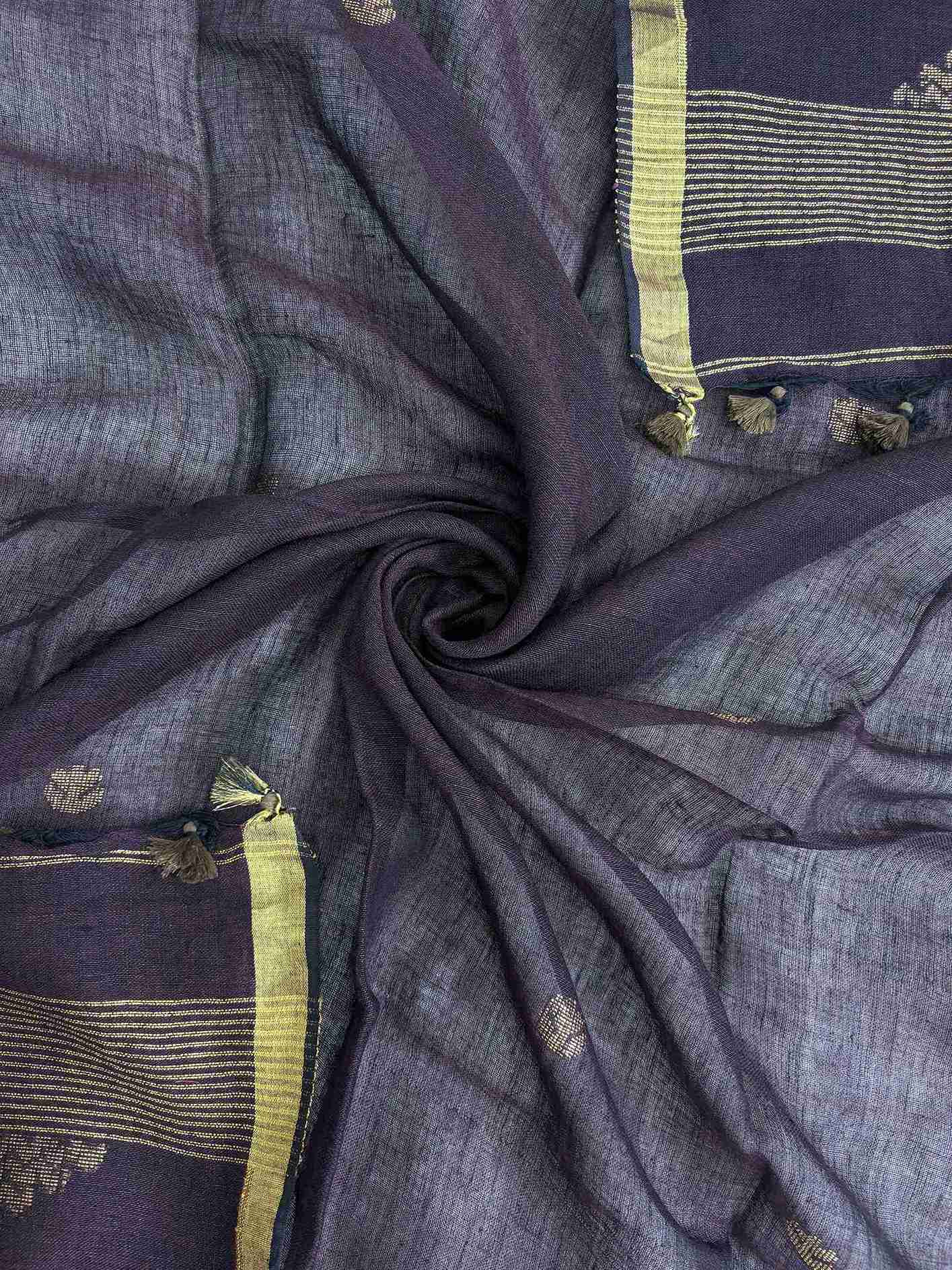 Large multicolor woven floral and bird motifs in green, orange, and red tones across dark purple jaishree linen dupatta surface
