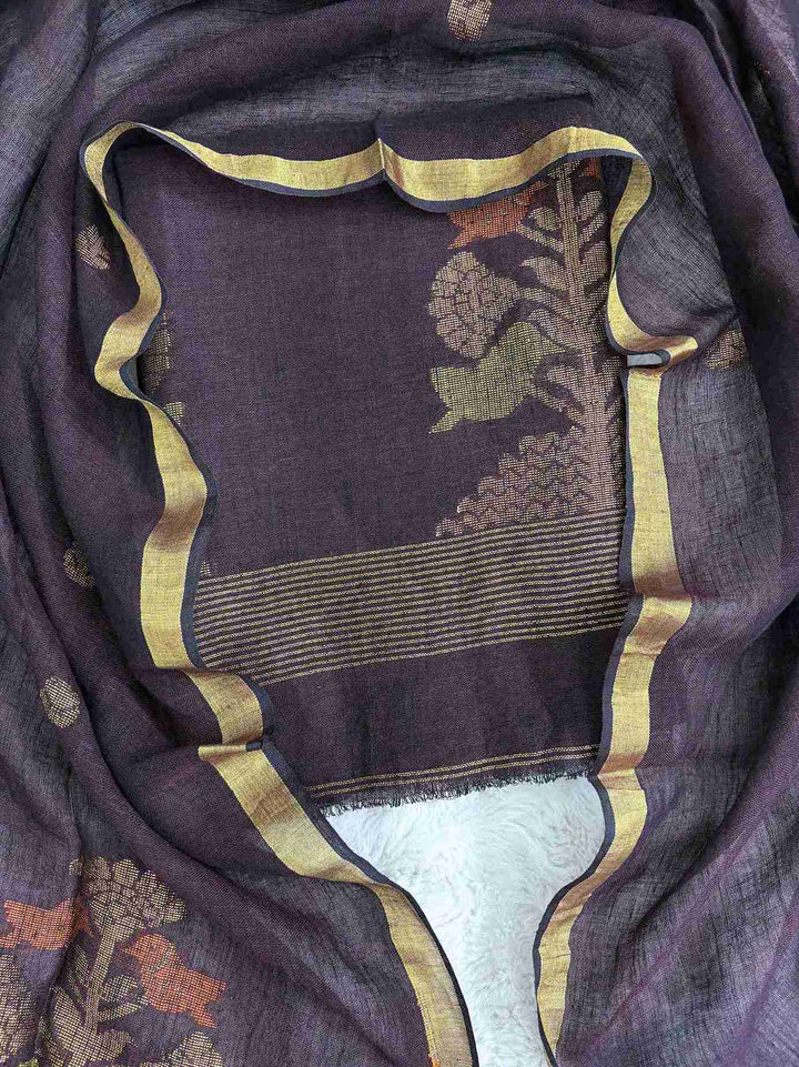 Large multicolor woven bird and flowering tree motifs at daaman with gold zari stripe border on dark purple jaishree linen shirt