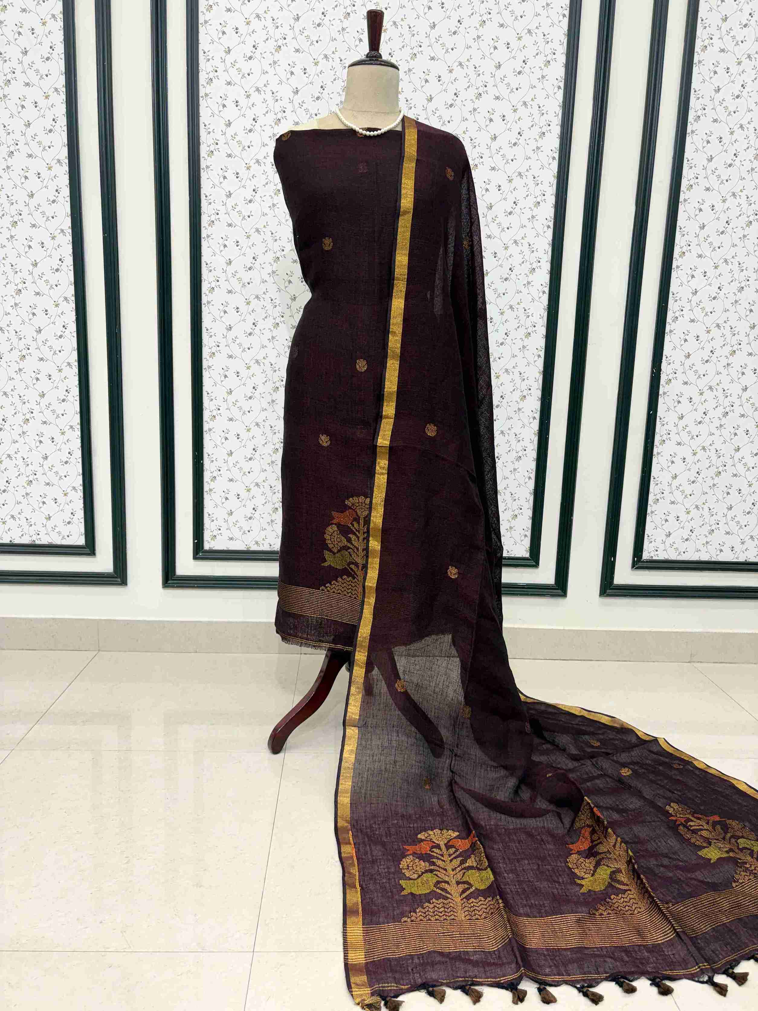 Dark purple jaishree linen unstitched 2-piece suit full front view with woven bird motif dupatta draped on mannequin