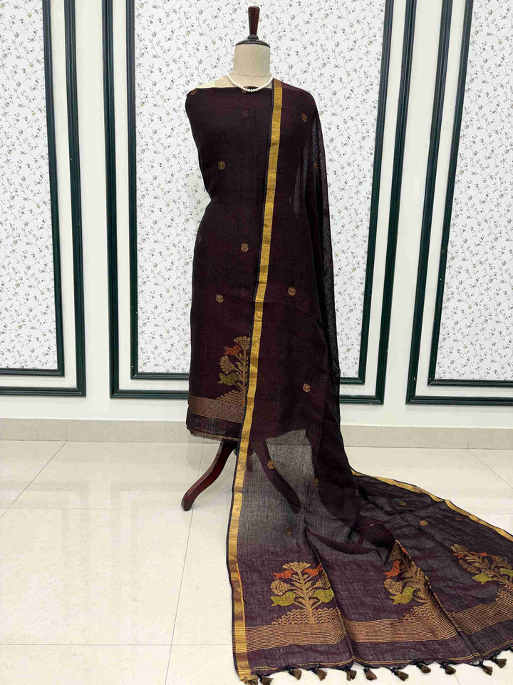 Dark purple jaishree linen unstitched 2-piece suit full front view with woven bird motif dupatta draped on mannequin