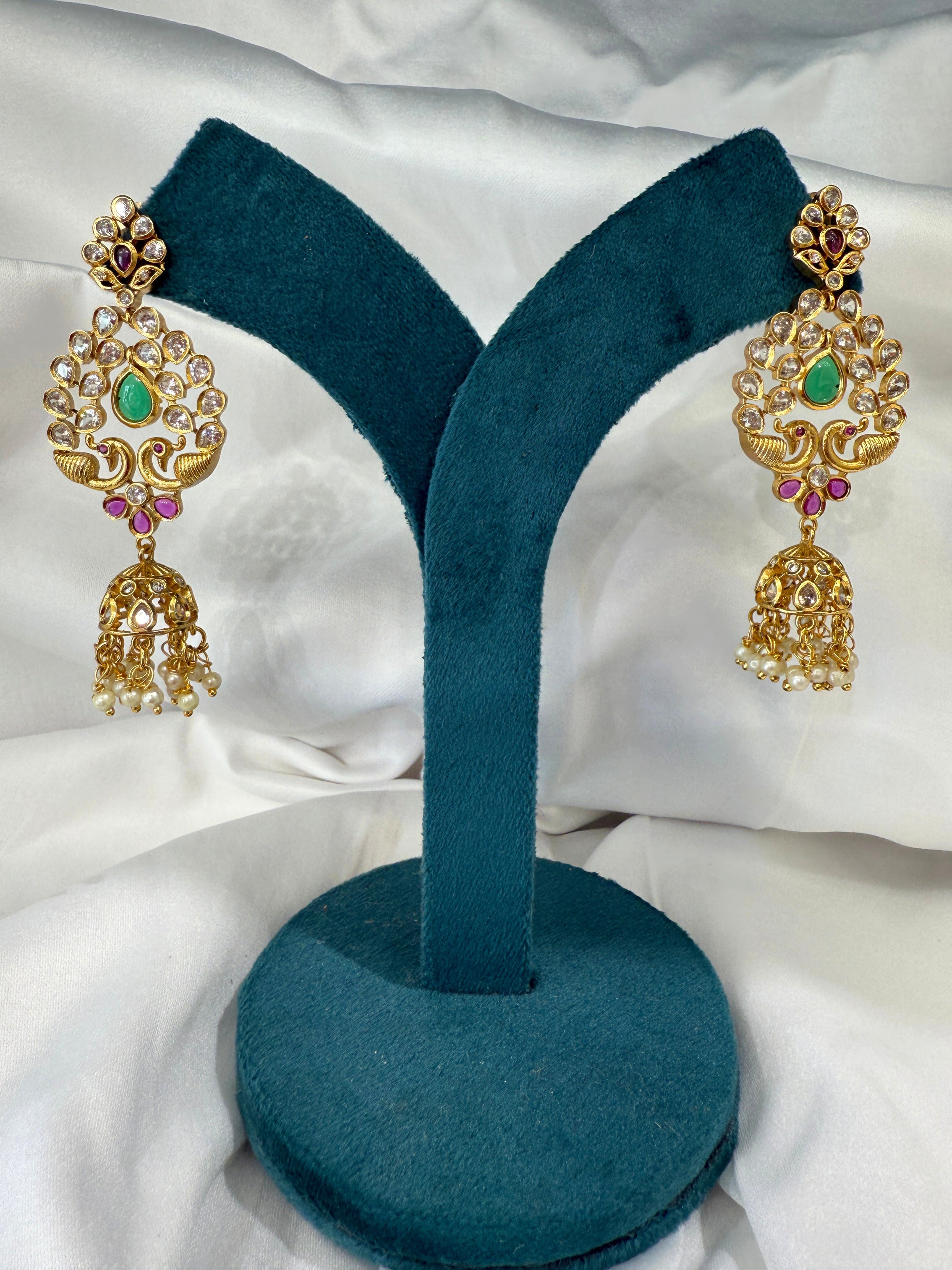 Kundan Peacock Chandbali Long Earrings with Jhumka Drop, Antique Gold Finish