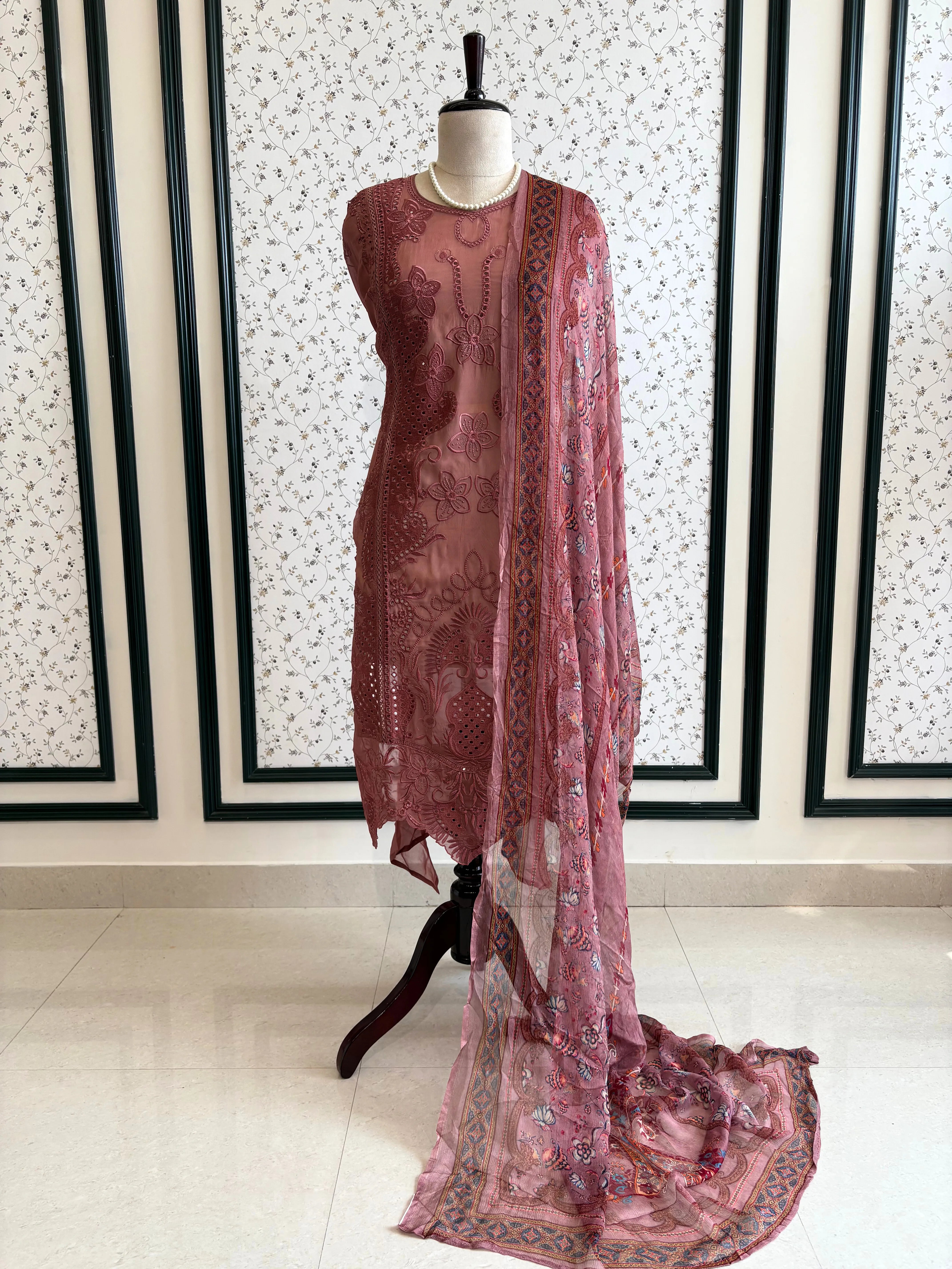 Soft Pink Organza unstitched suit with kashida work - The Zareesh