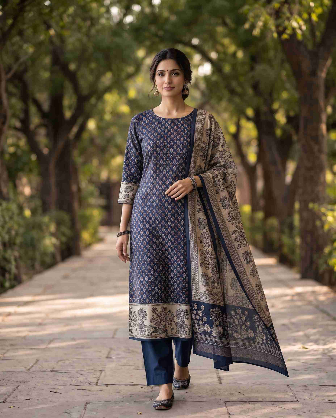 Deep Blue end border with woven-style edge on chanderi silk dupatta pallu