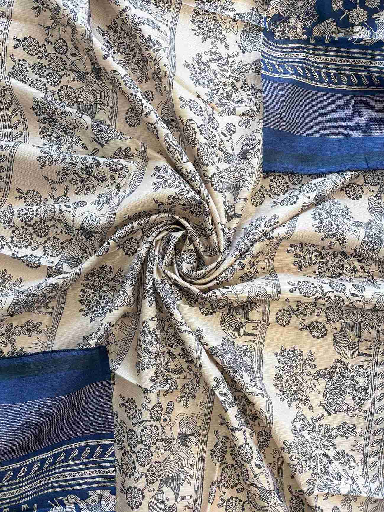 Cream hemline border with printed animal-tree scene on deep blue chanderi silk suit