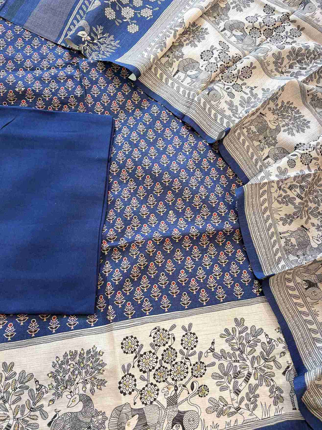 Close-up of printed small motifs with sequin embellishment on deep blue chanderi silk suit shirt