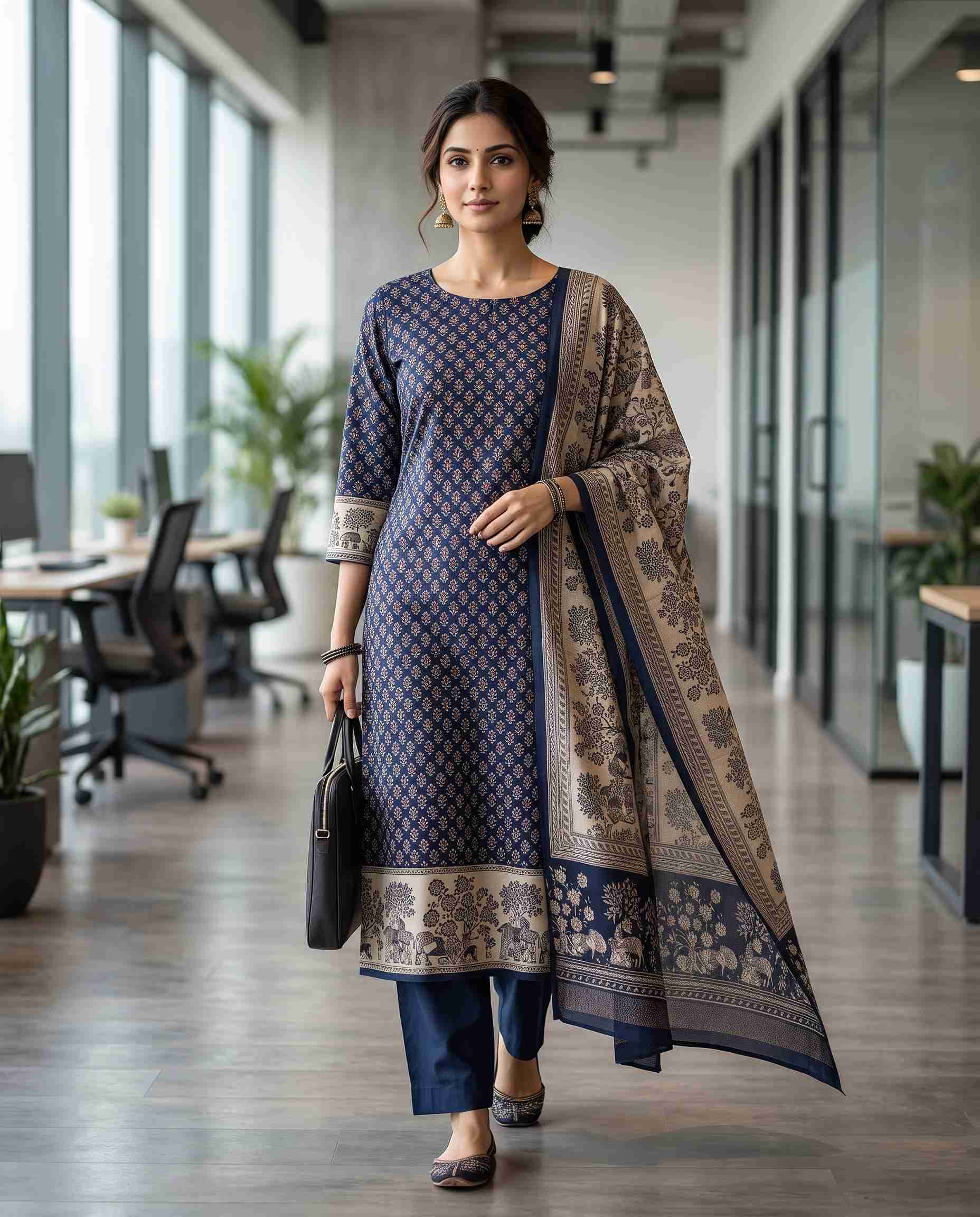 Deep Blue chanderi silk unstitched suit with printed motifs, sequin embellishment and animal figure printed dupatta