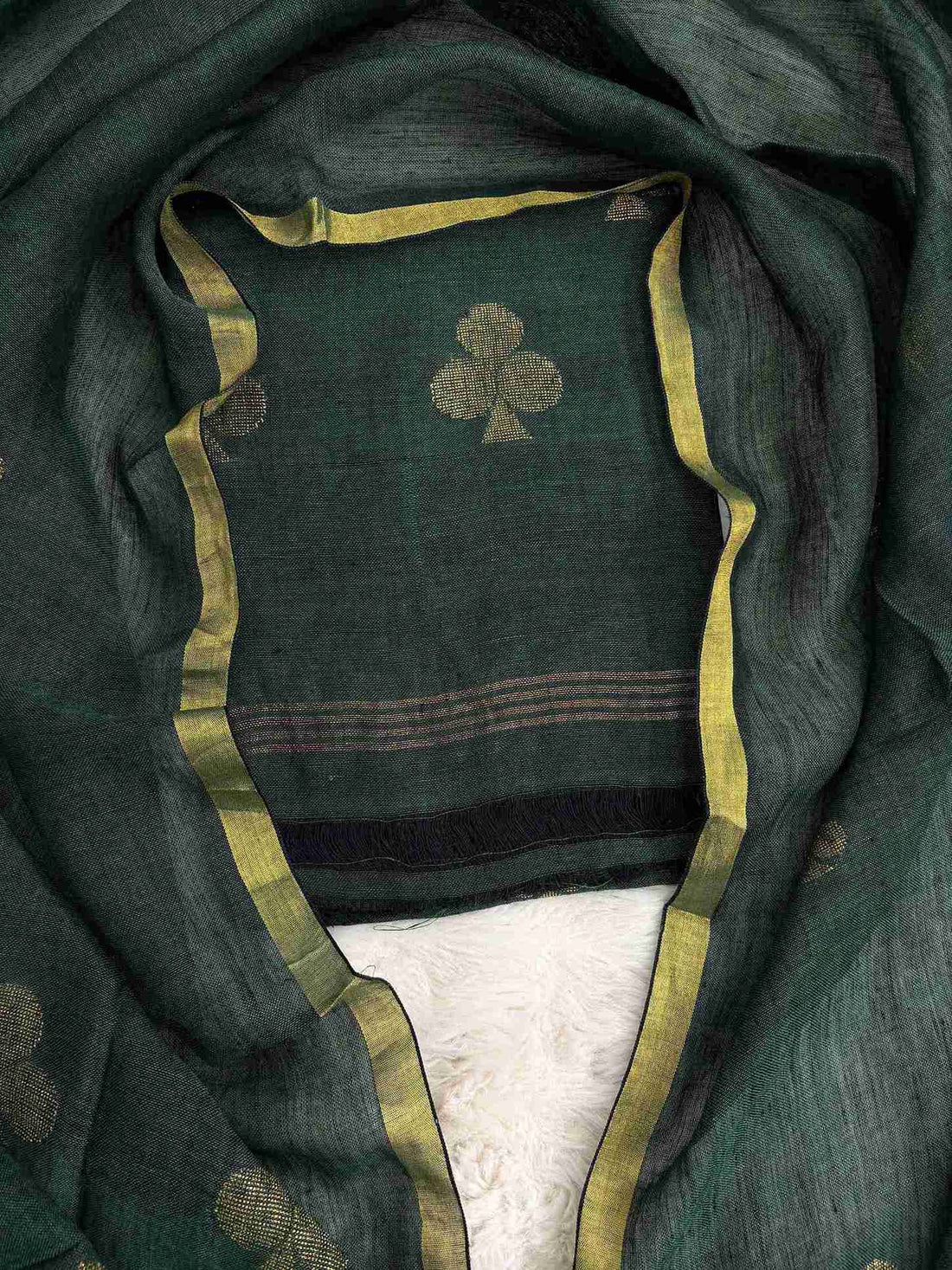  Scattered golden geometric spade woven motifs across deep-green pure handloom linen shirt body
