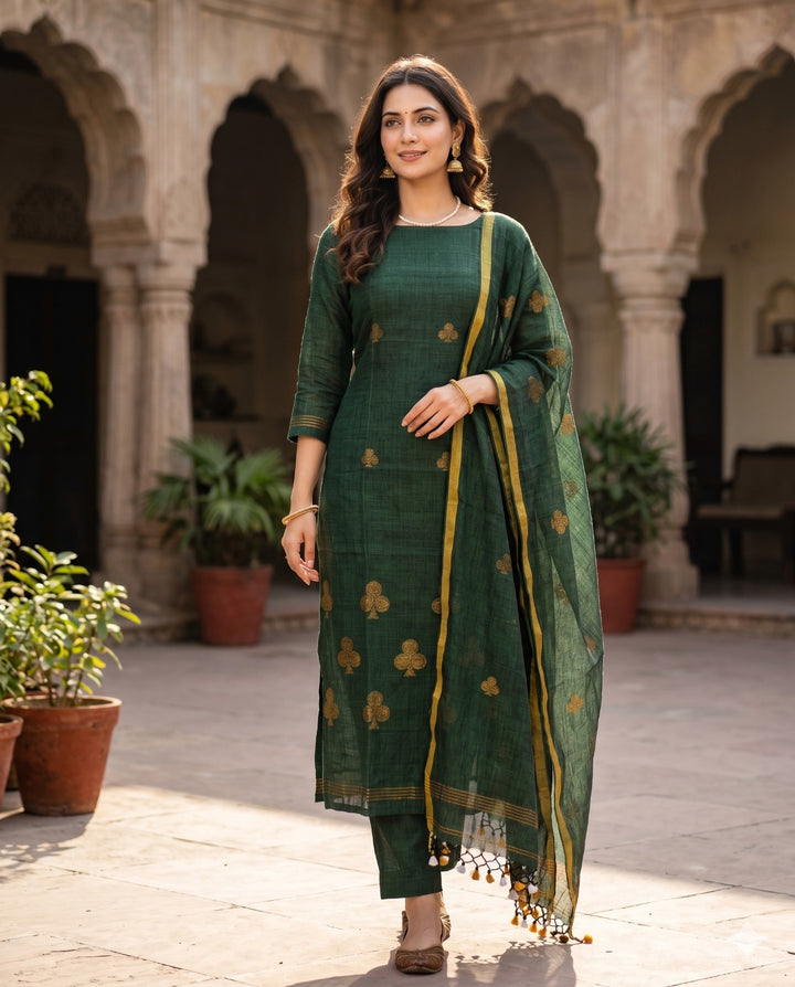 Model Wearing Complete deep green pure handloom linen unstitched 2-piece  with shirt and dupatta showing golden spade motifs