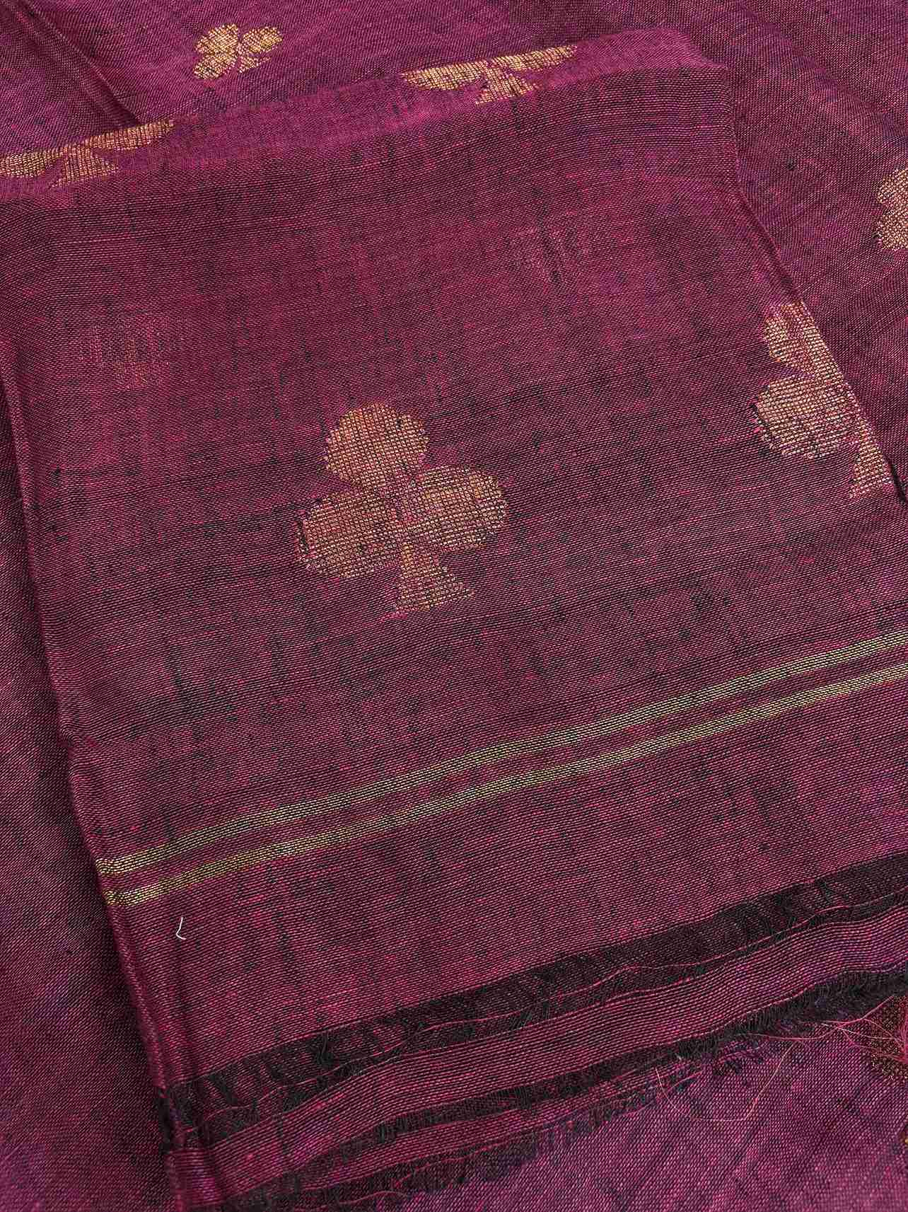 Scattered golden geometric spade woven motifs across deep magenta pure handloom linen shirt body