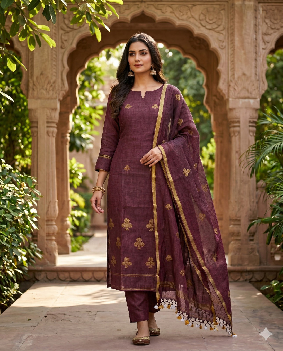 Complete deep magenta pure handloom linen unstitched 2-piece suit flat lay with shirt and dupatta showing golden spade motifs