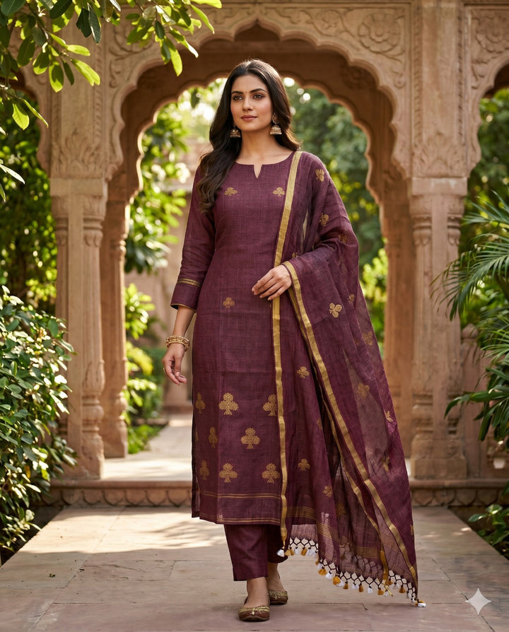 Complete deep magenta pure handloom linen unstitched 2-piece suit flat lay with shirt and dupatta showing golden spade motifs