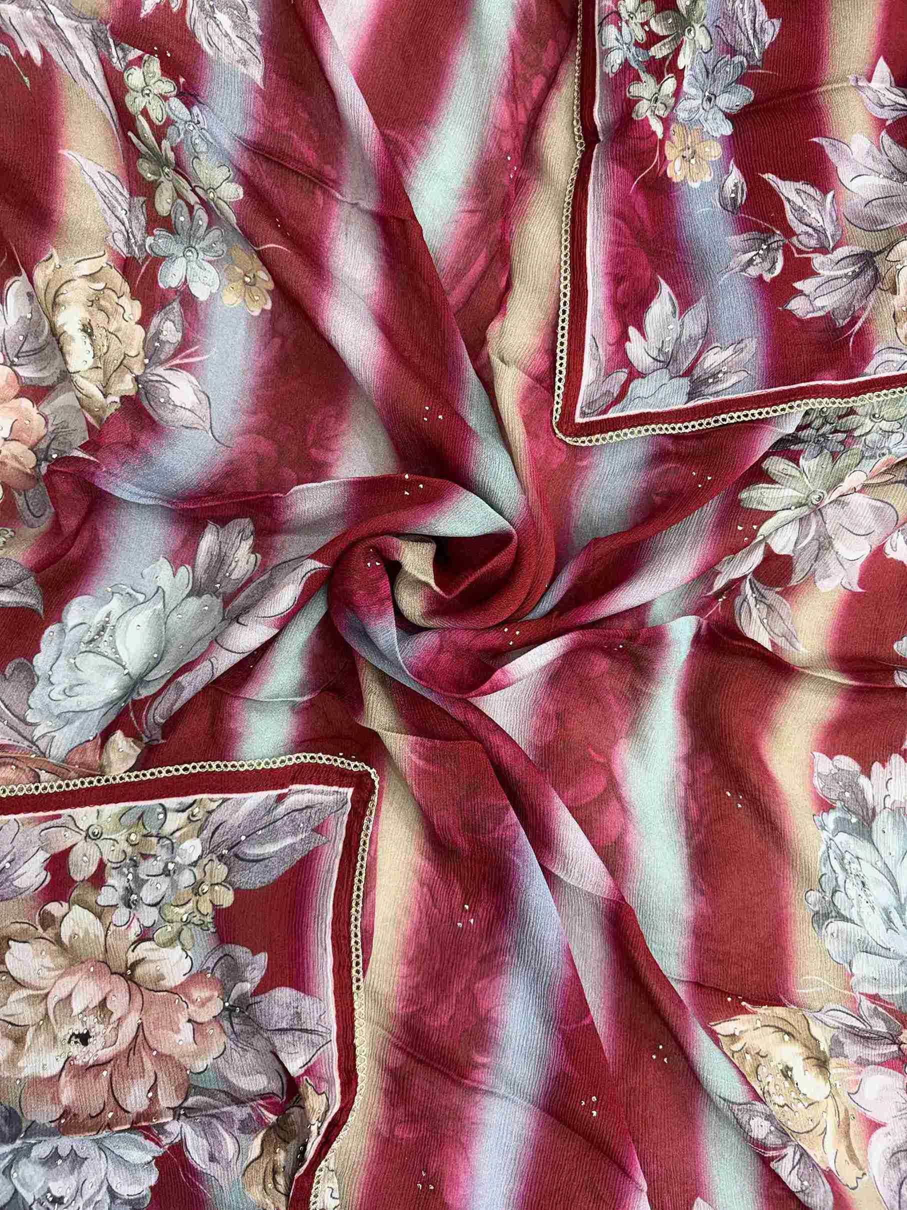 Chinnon dupatta with stripe pattern and floral print in deep red and multicolor tones