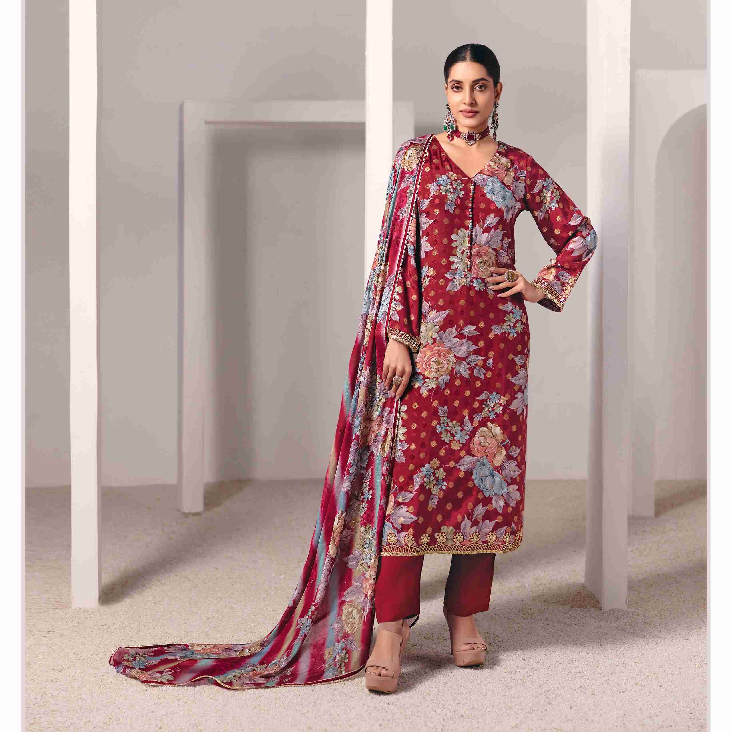 deep red muslin unstitched suit full front view worn by model with chinnon dupatta draped