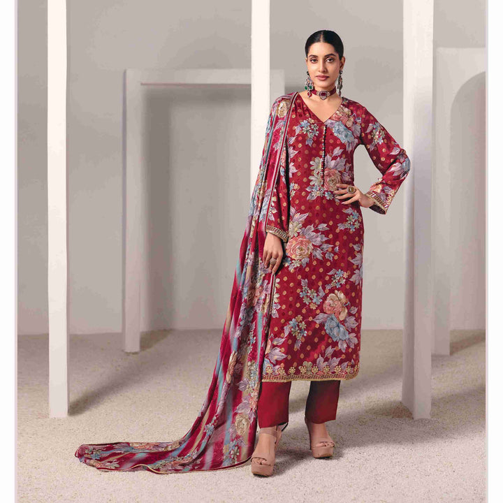 deep red muslin unstitched suit full front view worn by model with chinnon dupatta draped