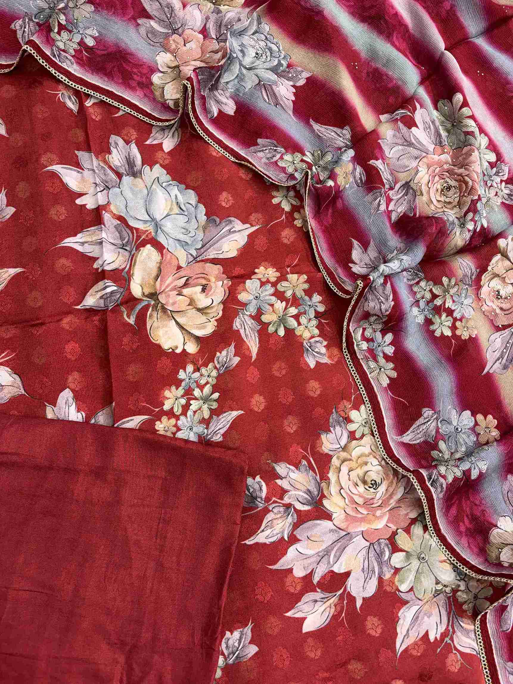 Complete deep red muslin unstitched suit set with shirt, chinnon dupatta, and silk bottom