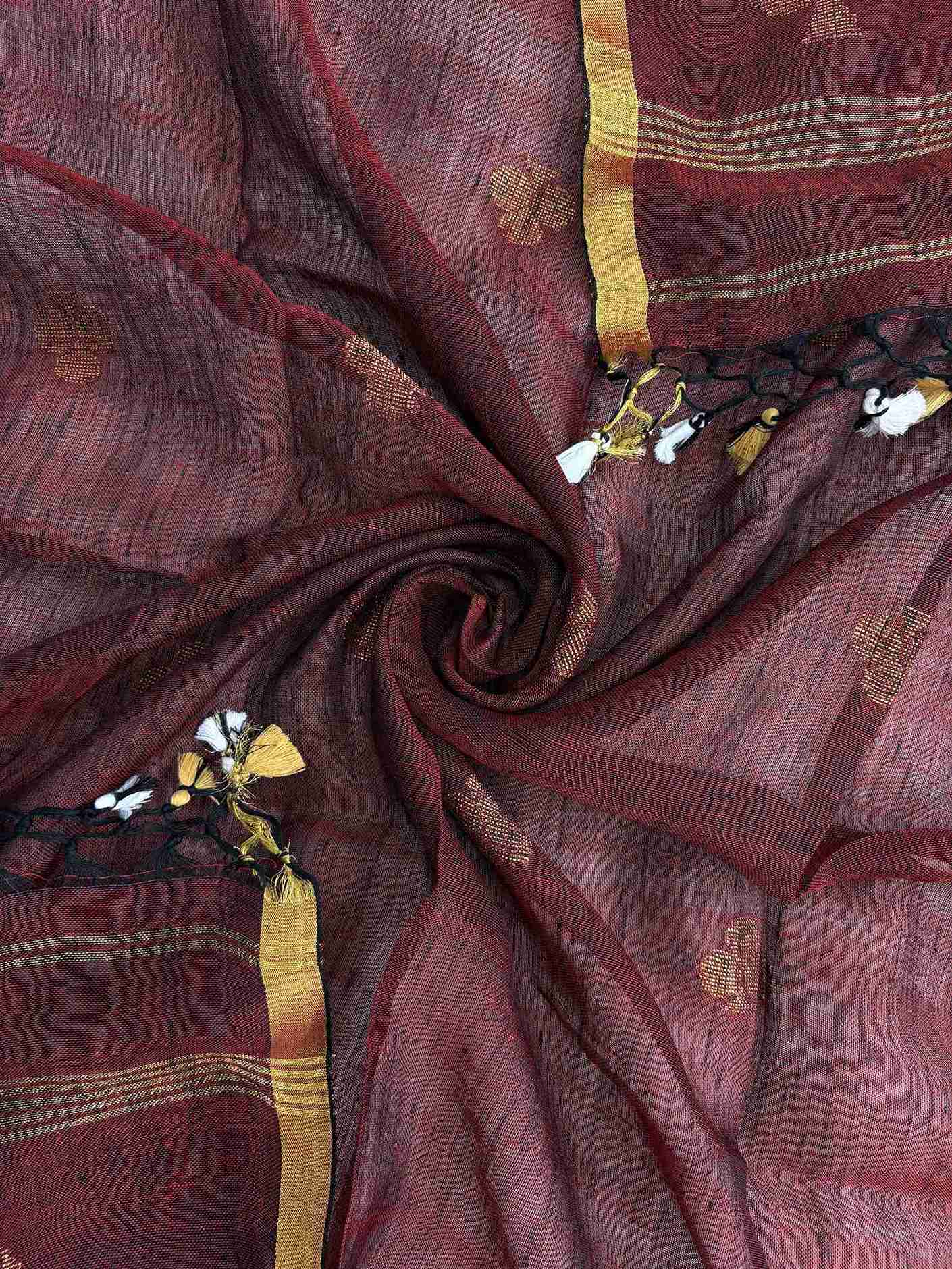 Gold zari woven border along edges of deep red pure handloom linen dupatta