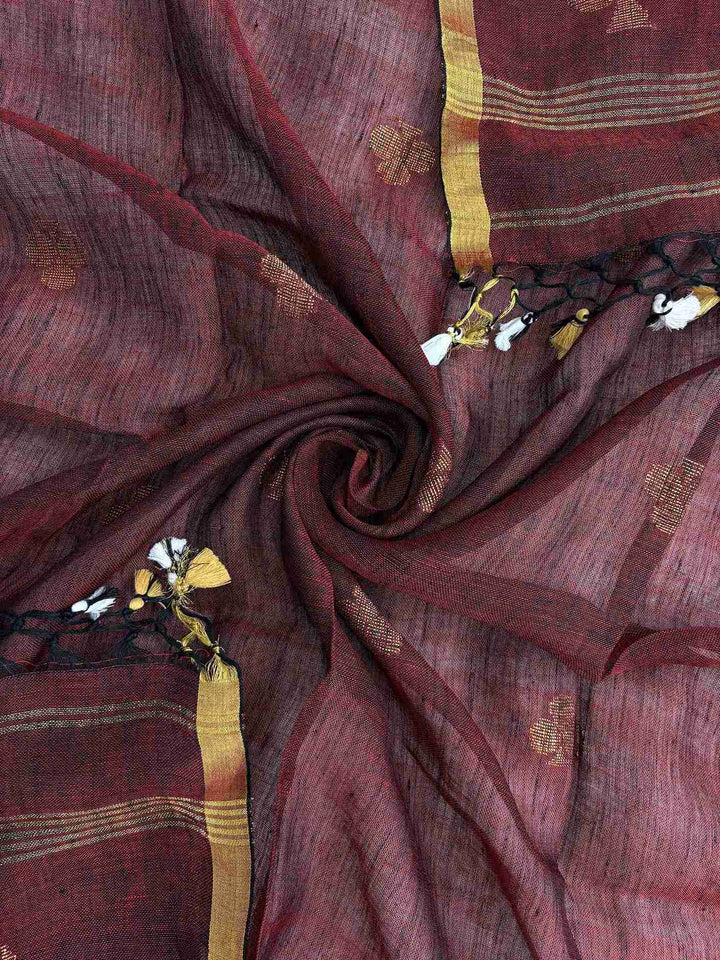Gold zari woven border along edges of deep red pure handloom linen dupatta