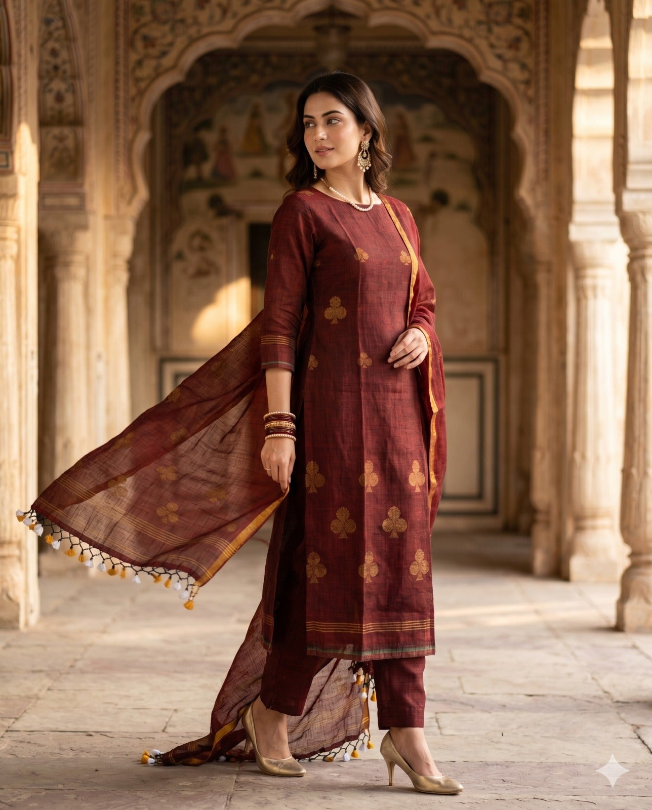 Model Wearing Complete deep red pure handloom linen unstitched 2-piece  with shirt and dupatta showing golden spade motifs