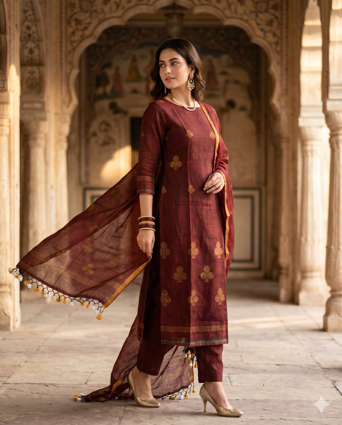 Model Wearing Complete deep red pure handloom linen unstitched 2-piece  with shirt and dupatta showing golden spade motifs