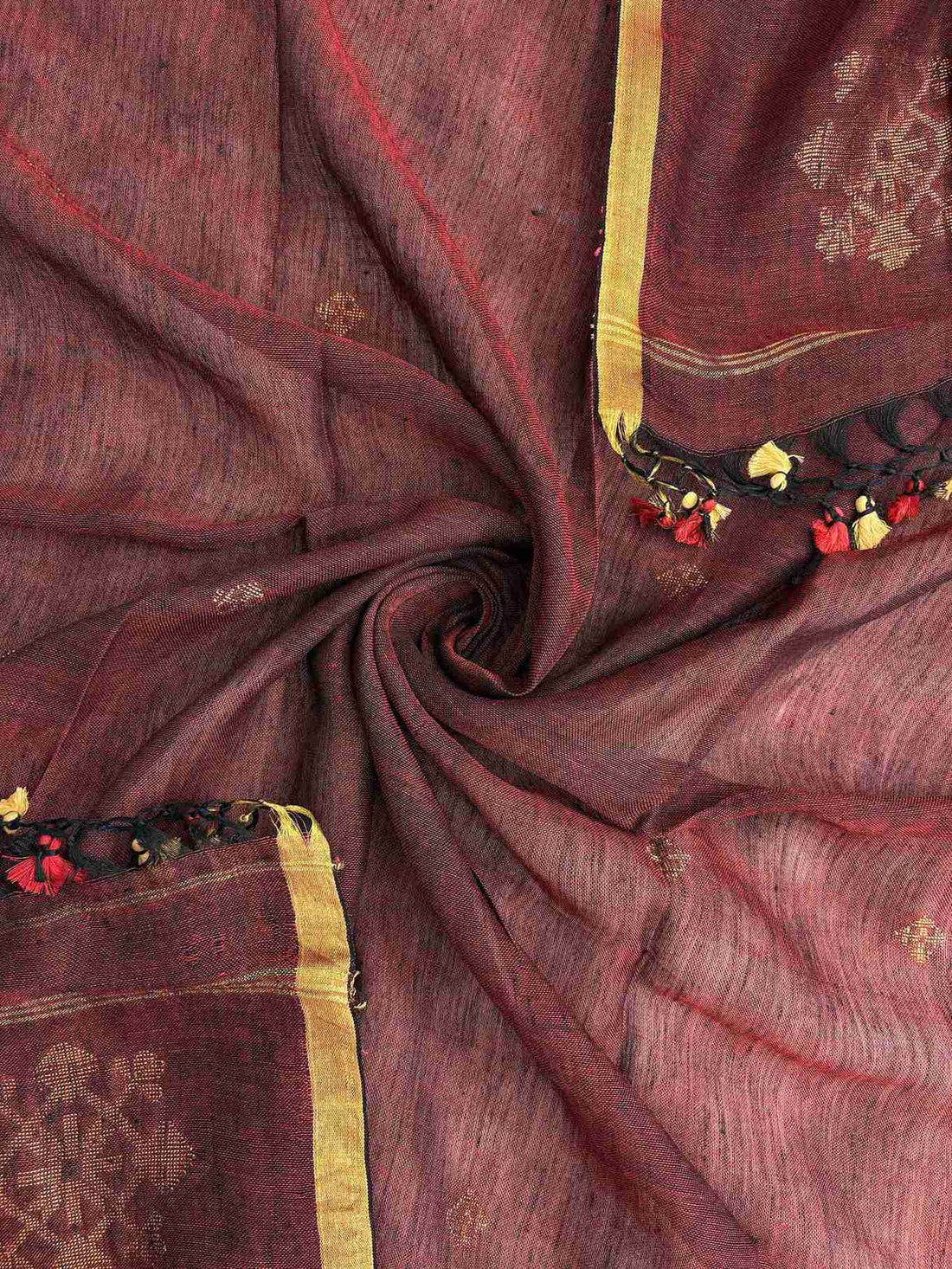 Multicolor tassels at corner of deep wine pure handloom linen dupatta