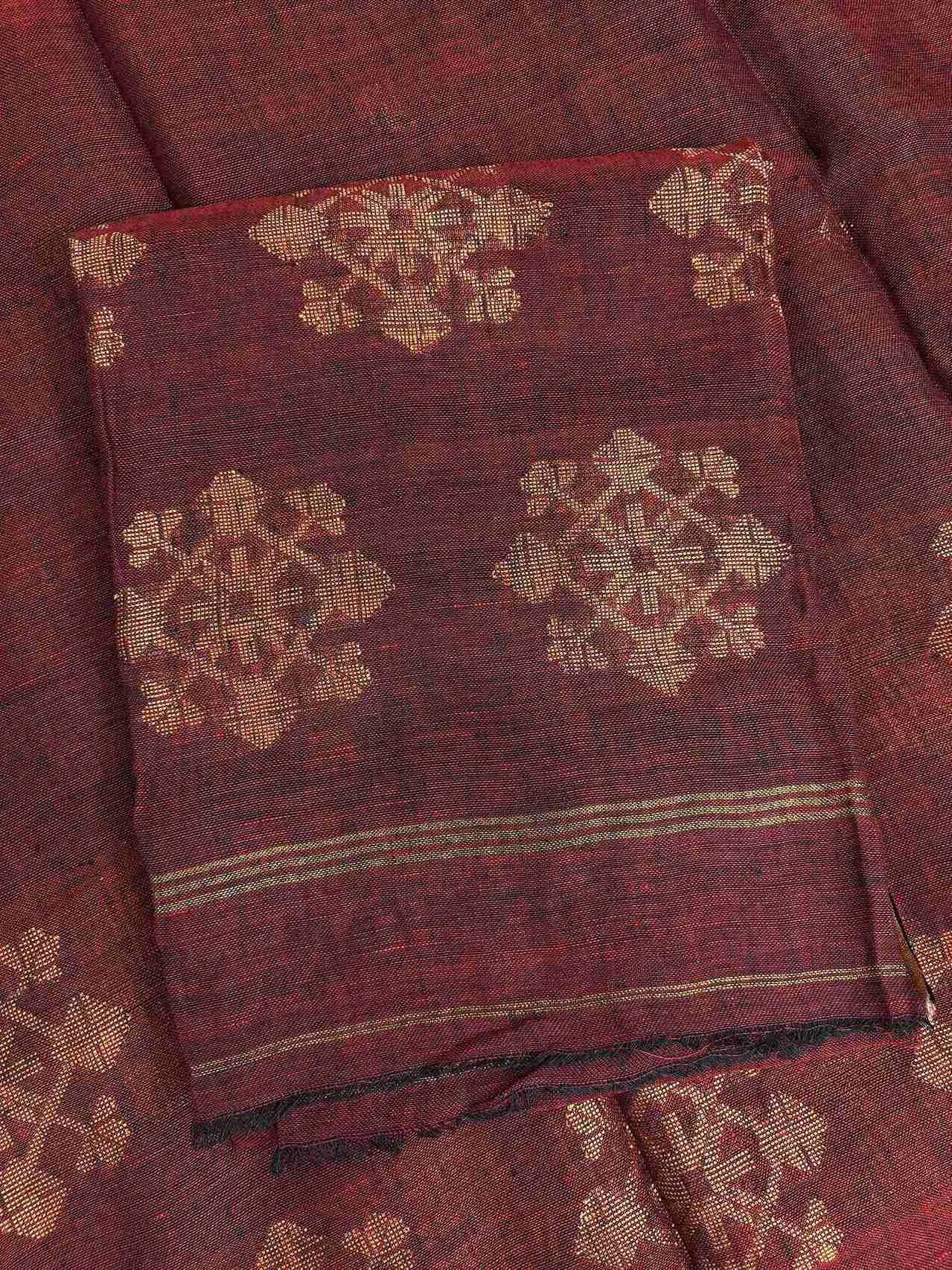 Scattered golden woven floral cluster motifs across deep wine pure handloom linen shirt body