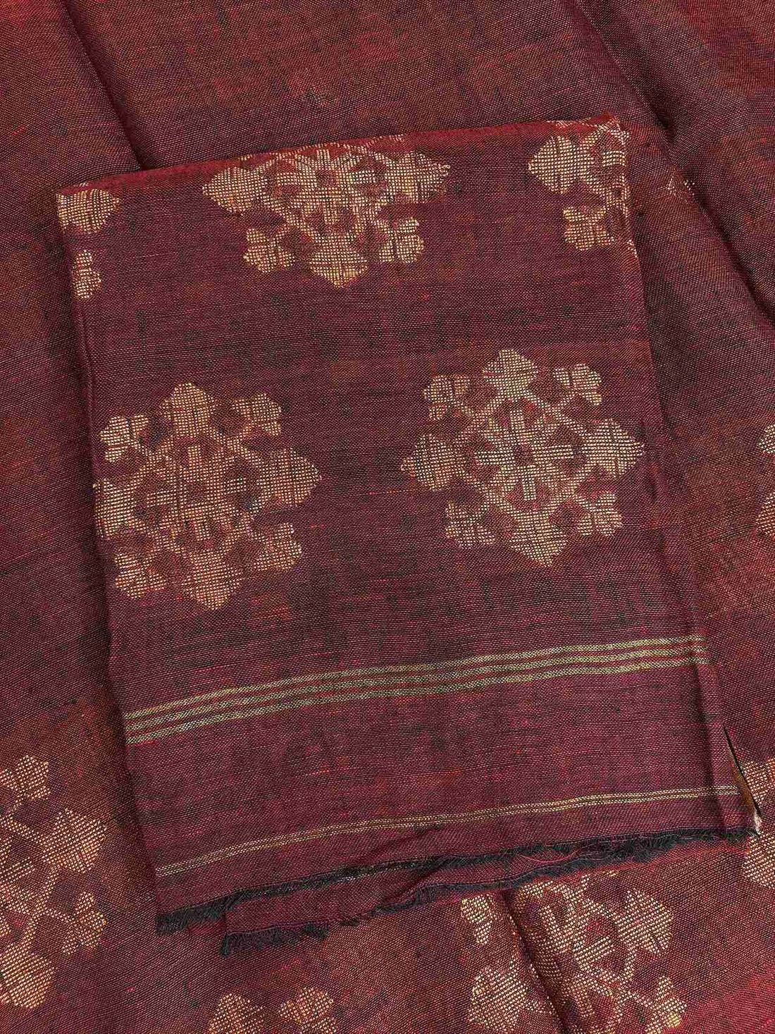 Scattered golden woven floral cluster motifs across deep wine pure handloom linen shirt body