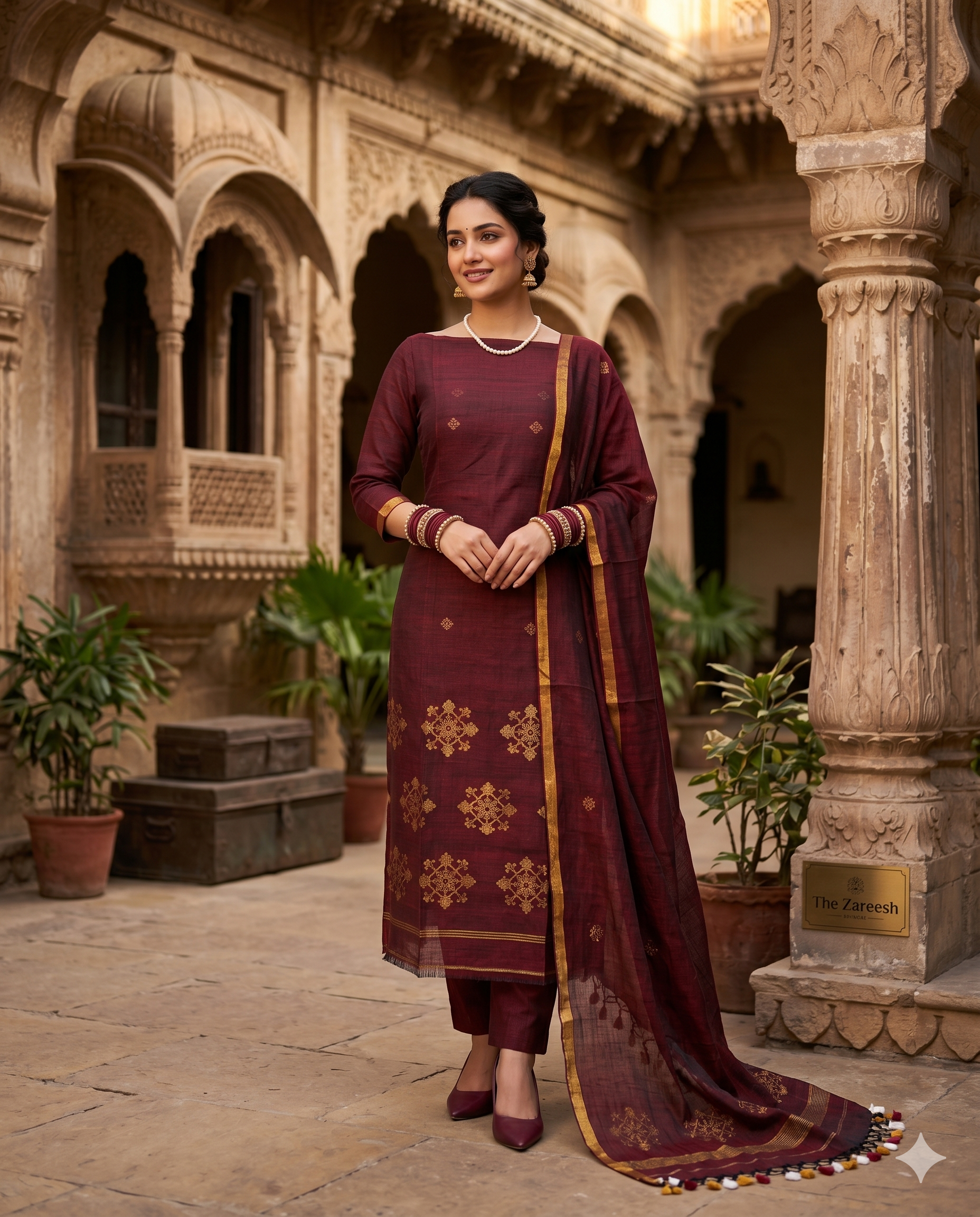 Complete deep wine pure handloom linen unstitched 2-piece suit with shirt and dupatta showing golden floral cluster motifs on model