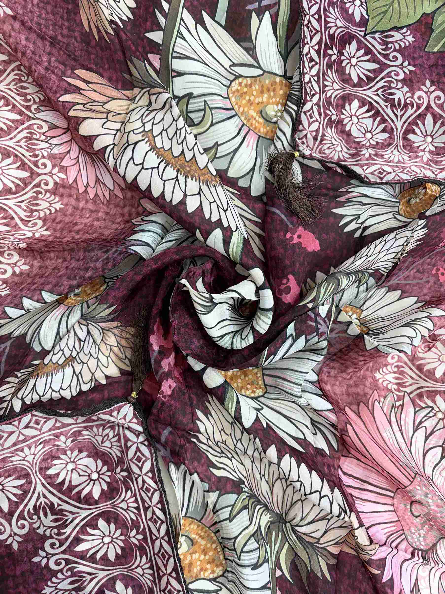 Multicolor digital sunflower print detail across deep wine silk organza dupatta surface
