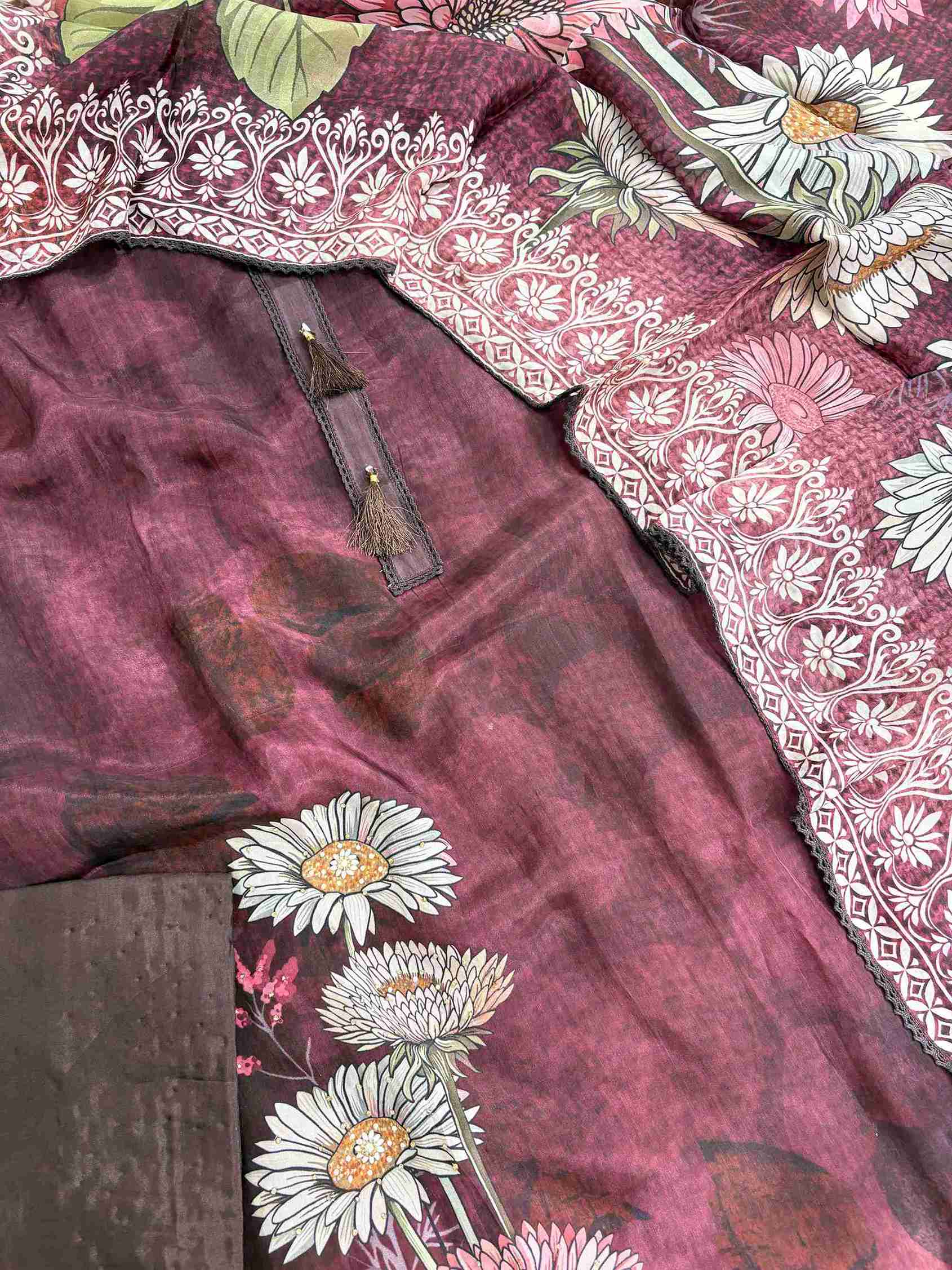 Deep wine silk organza shirt base fabric close-up showing lustrous semi-sheer texture