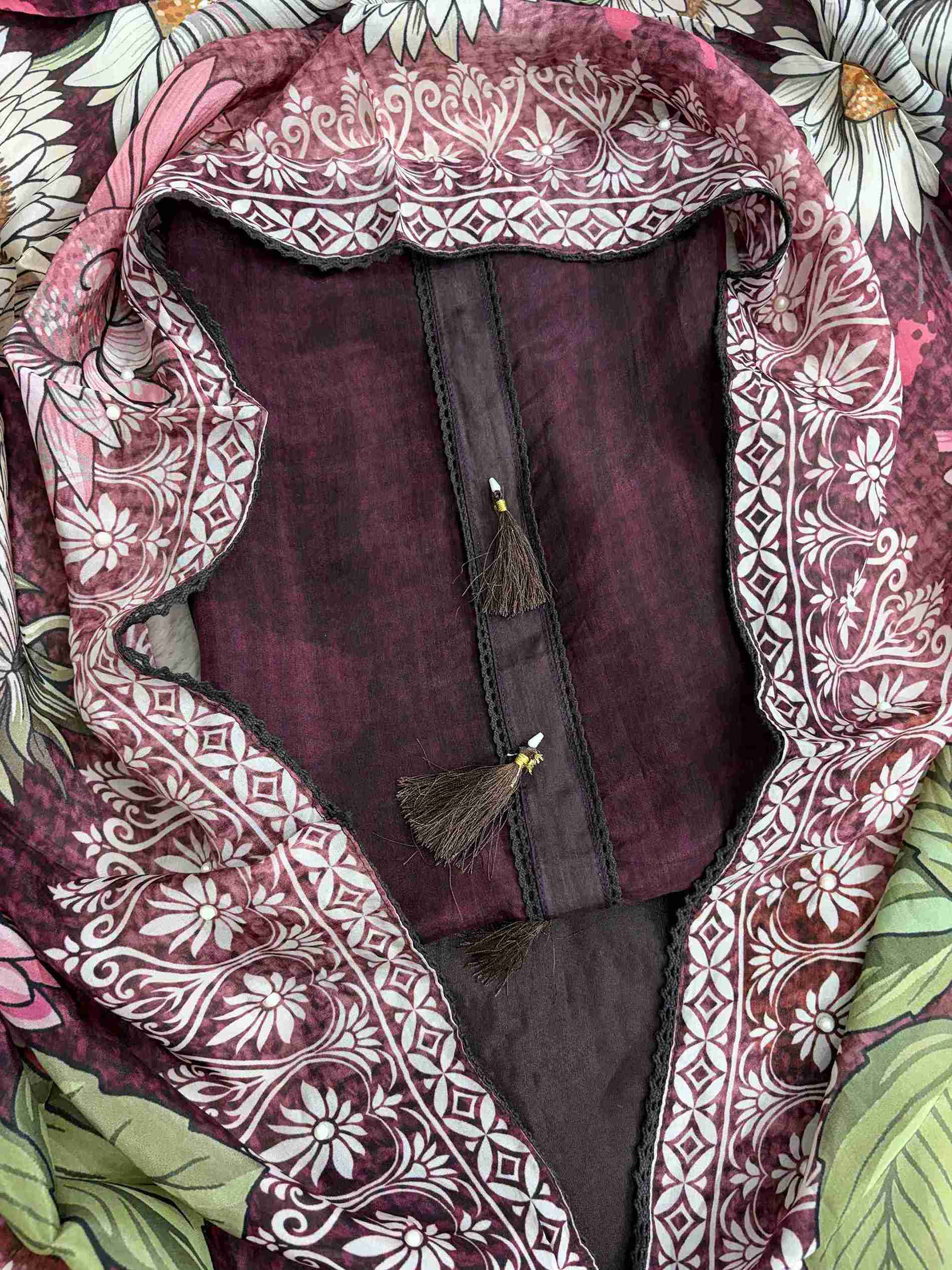 Complete deep wine silk organza unstitched suit flat lay set with shirt, dupatta, and dark brown opada silk bottom