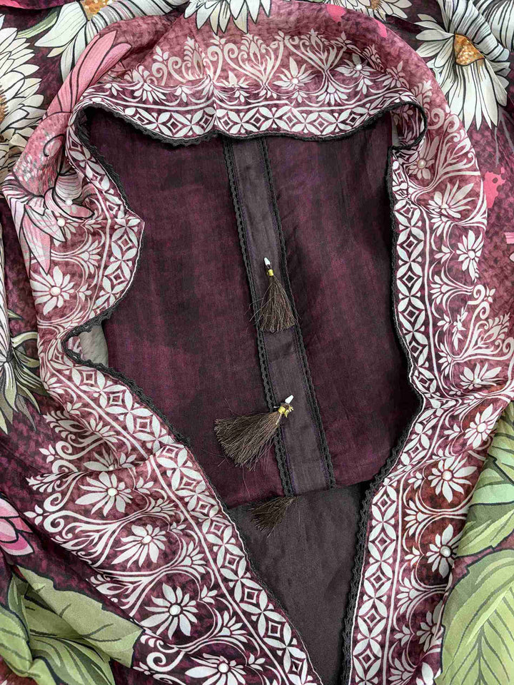 Complete deep wine silk organza unstitched suit flat lay set with shirt, dupatta, and dark brown opada silk bottom