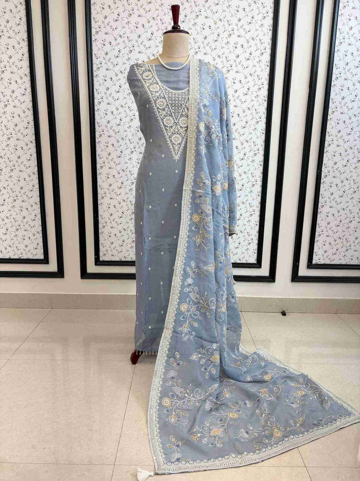 Denim blue heavy organza unstitched suit set for partywear and weddings