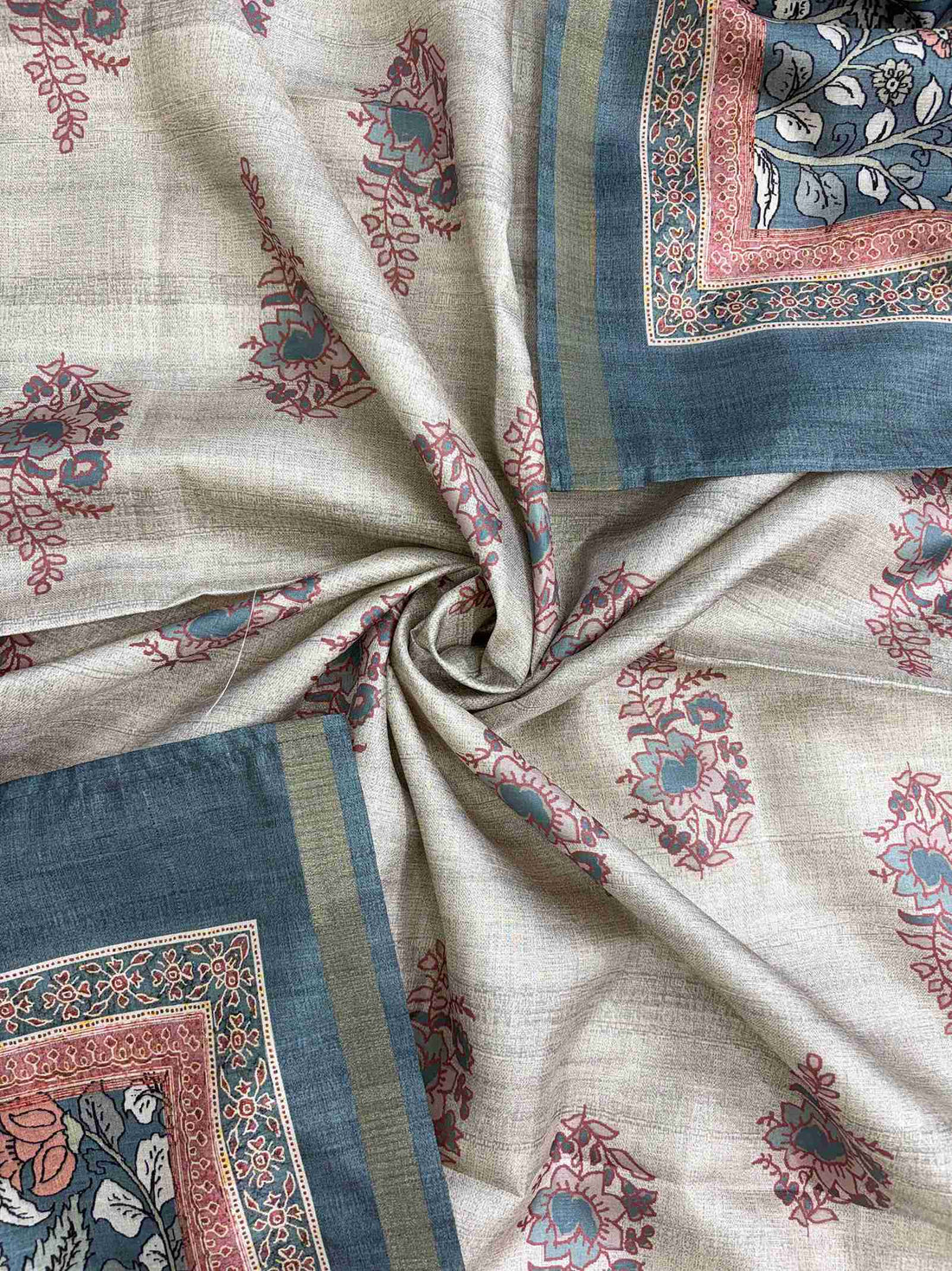 Digitally printed tusser silk dupatta in steel blue tones
