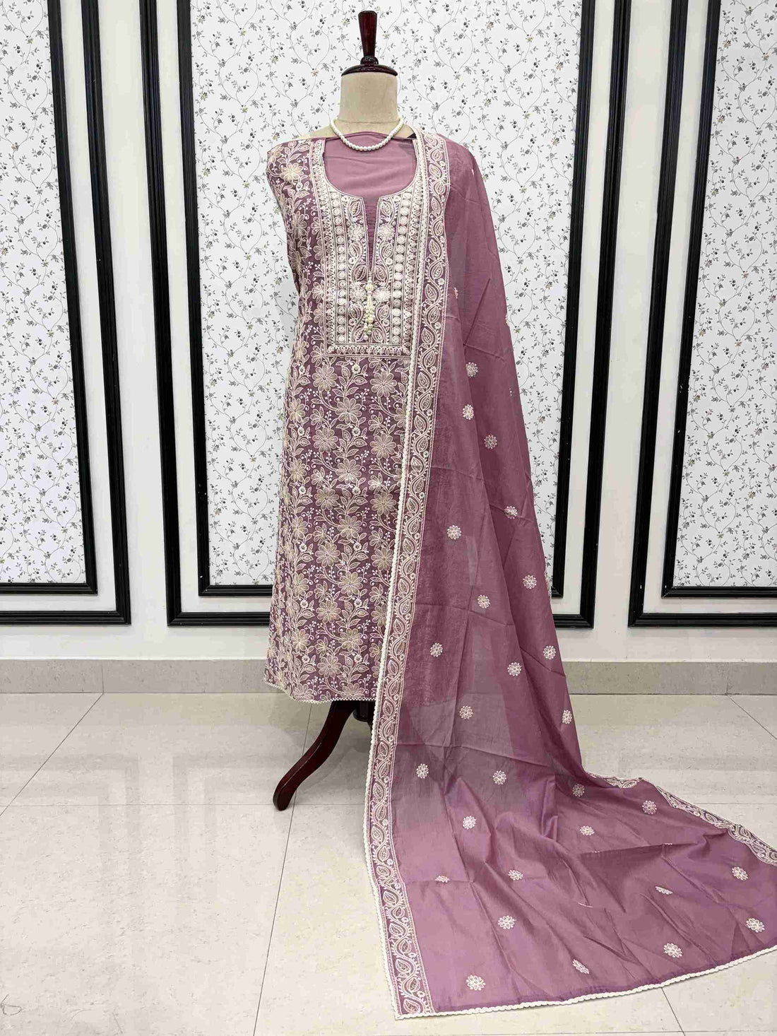 Full unstitched dusted mauve mul chanderi suit set with dupatta and matching bottom