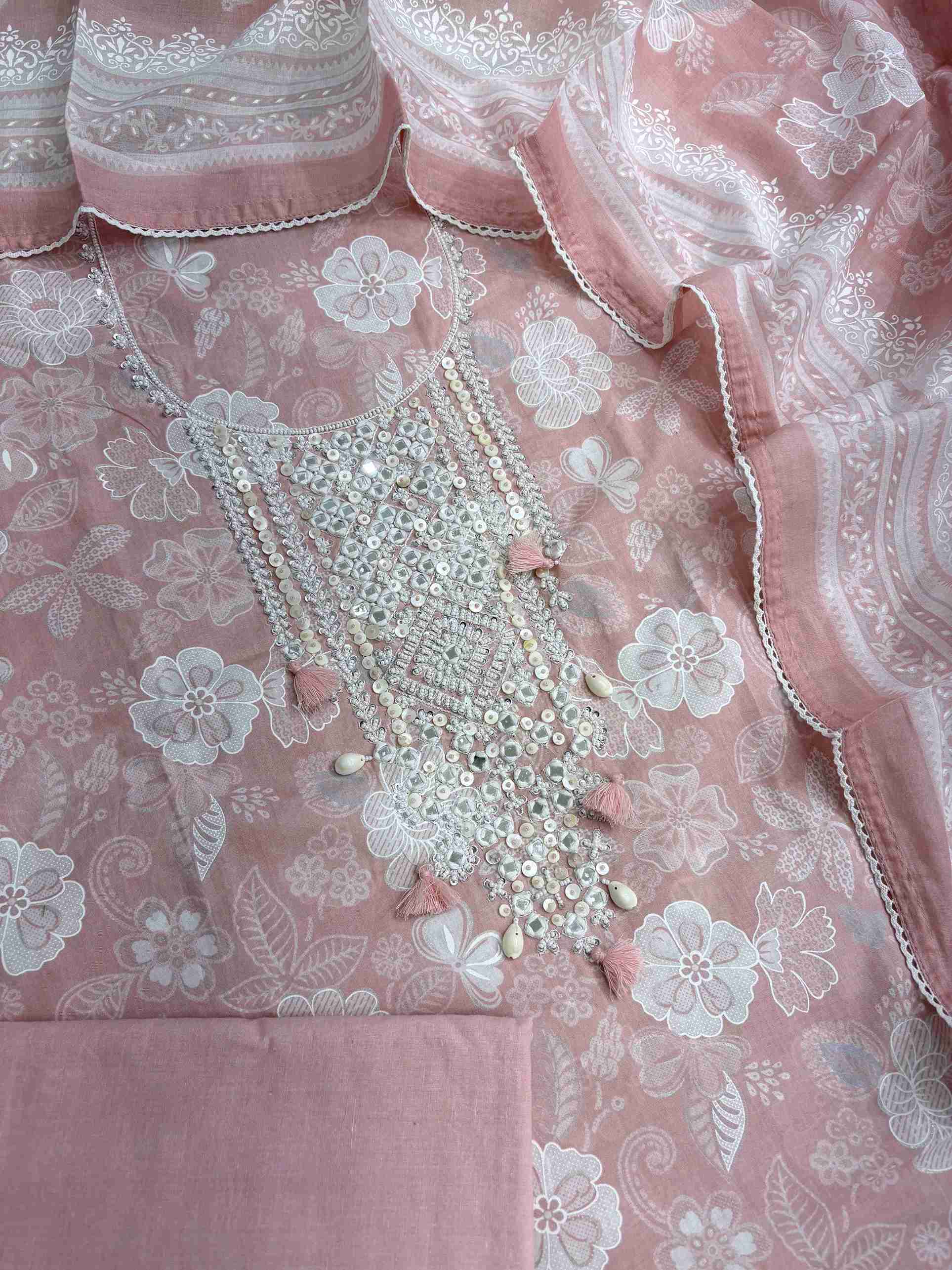 Complete dusty pink cotton unstitched suit flat lay set with floral printed shirt, dupatta, and matching cotton bottom