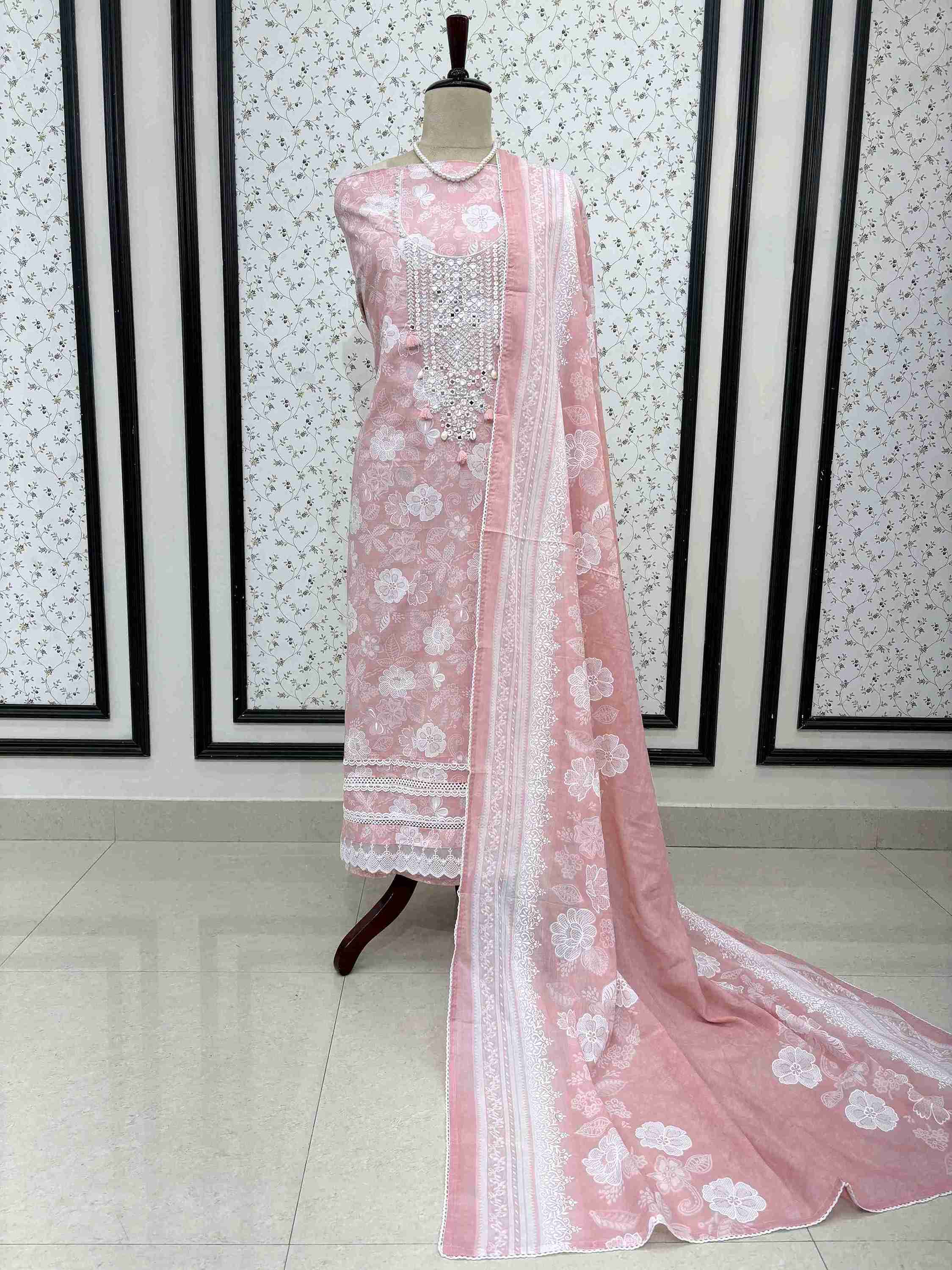 dusty pink cotton unstitched suit full front view with floral printed dupatta with lace border draped on mannequin