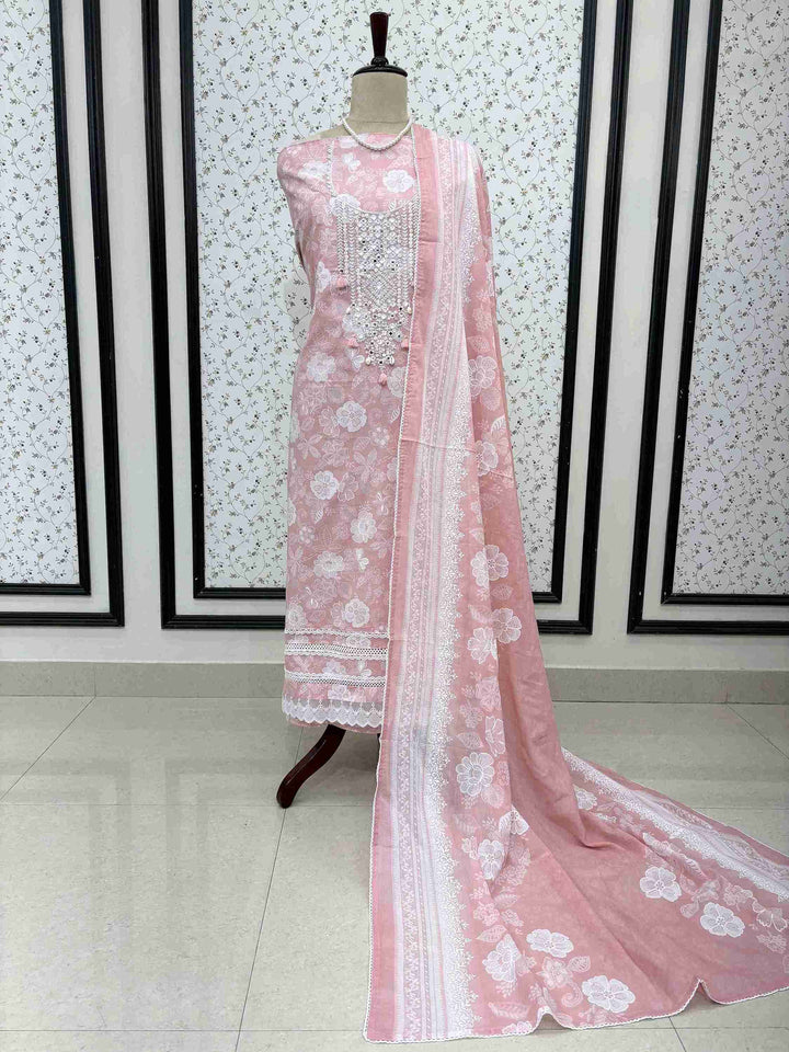 dusty pink cotton unstitched suit full front view with floral printed dupatta with lace border draped on mannequin