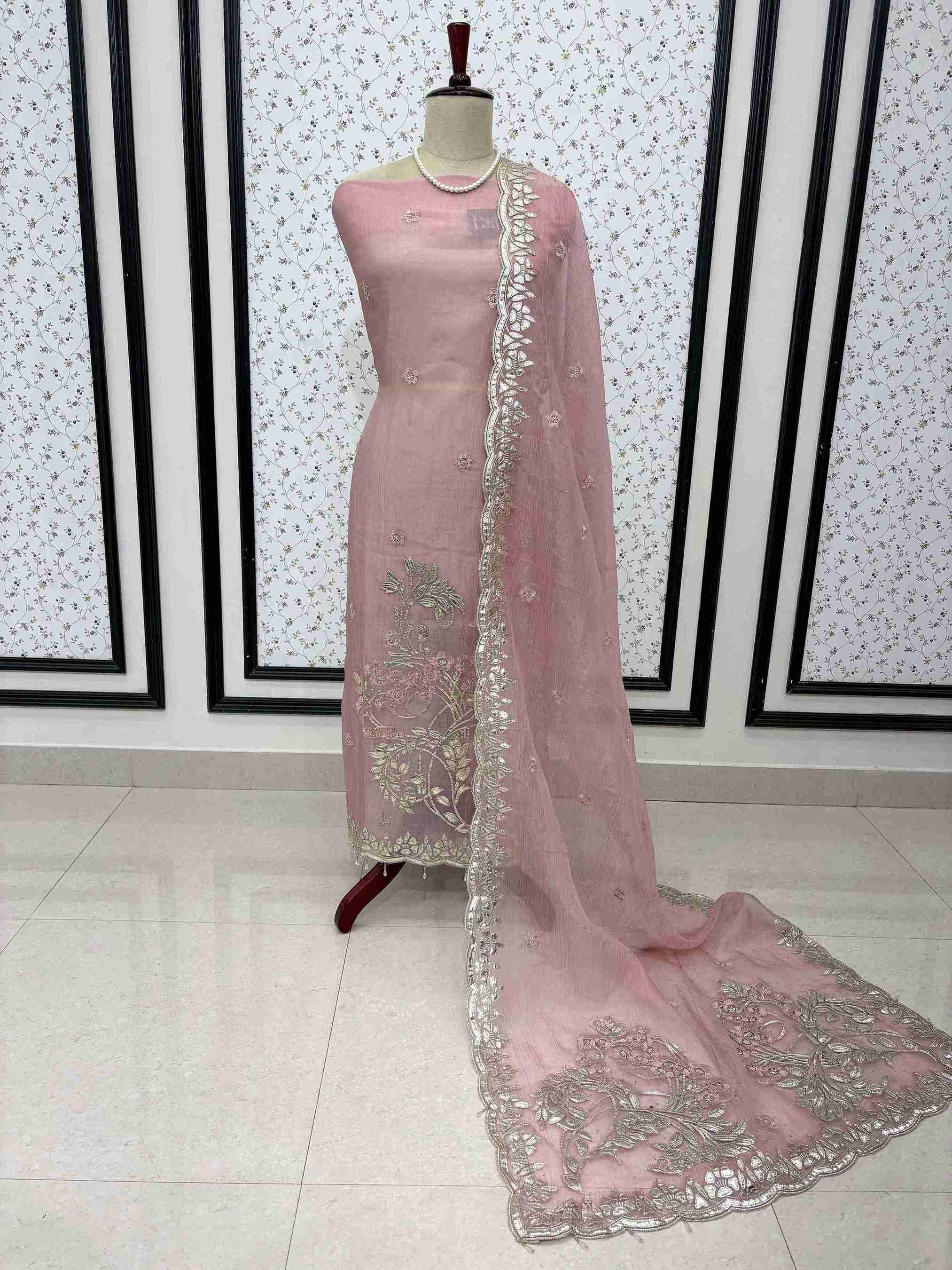 Silver gota border and motifs on marble chiffon dupatta