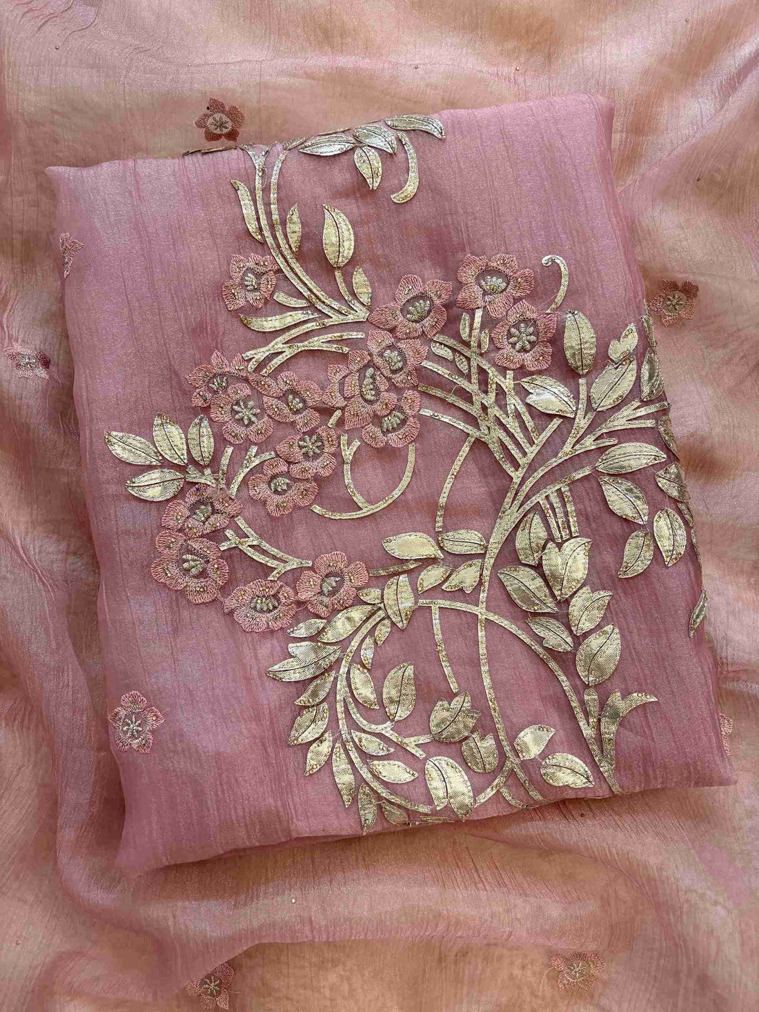 Silver gota work detailing on dusty pink marble chiffon shirt