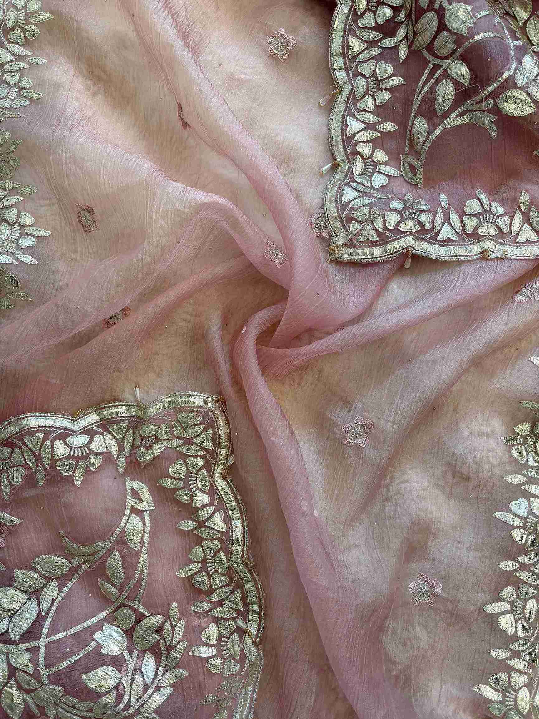 Dusty pink marble chiffon dupatta with silver gota border
