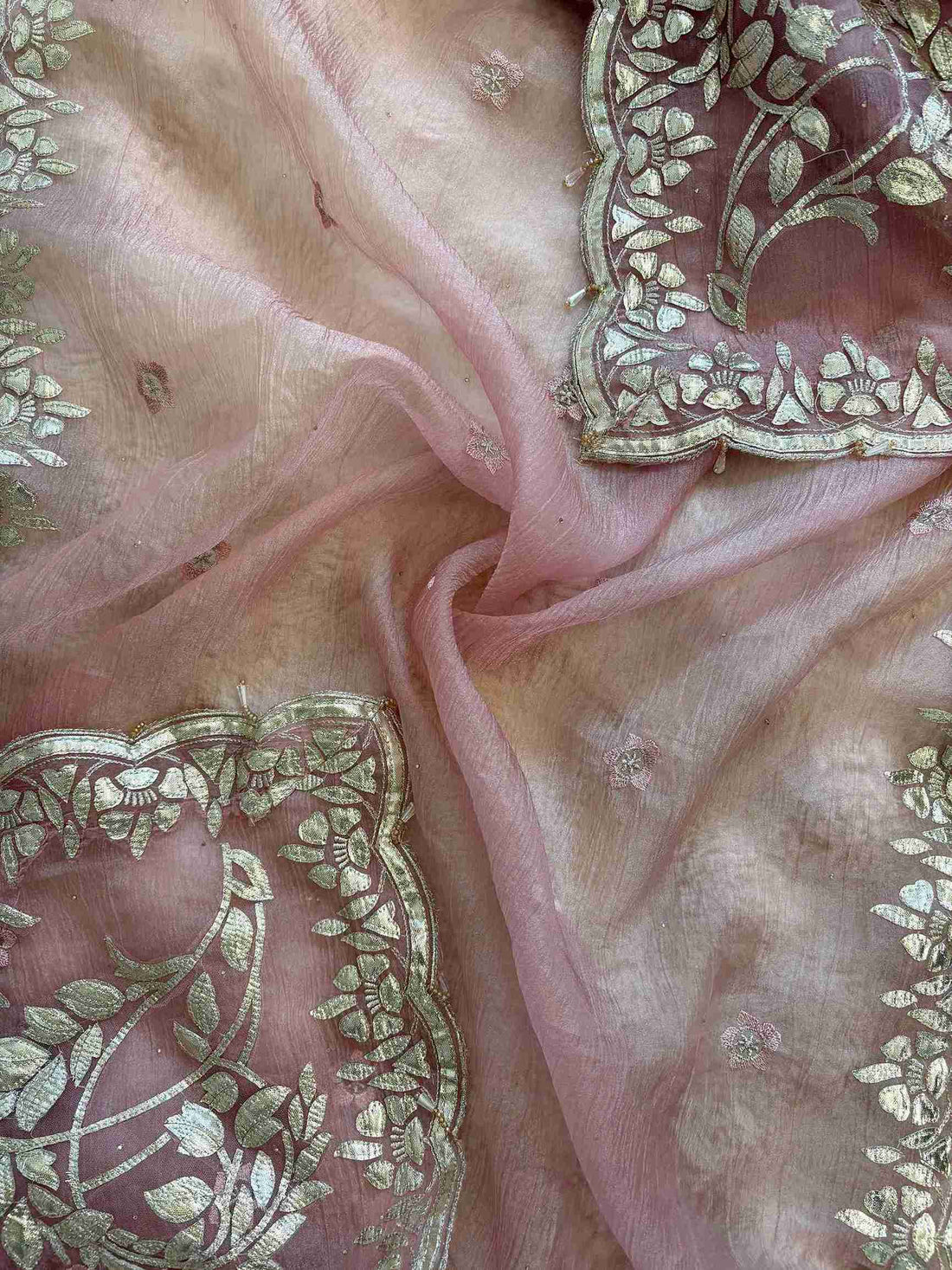 Dusty pink marble chiffon dupatta with silver gota border