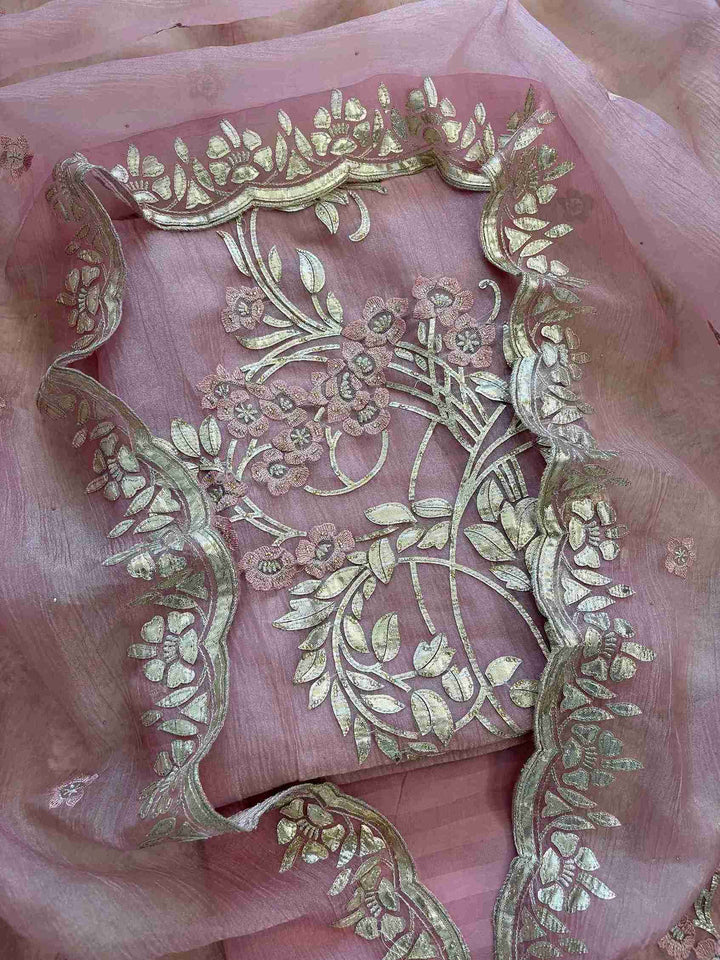 Dusty pink marble chiffon unstitched suit with silver gota embroidery