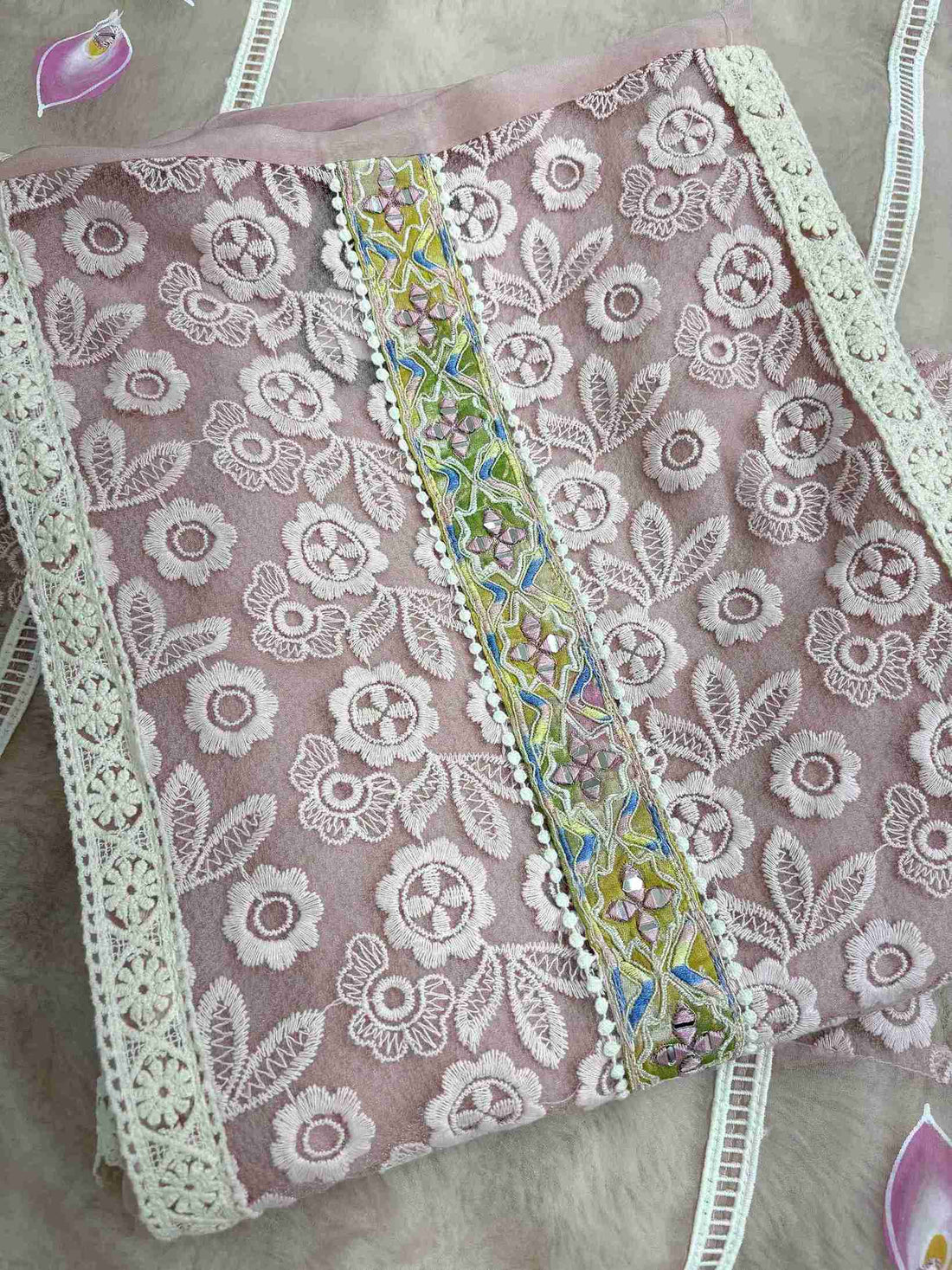 White lace panels and hand-painted pink and lilac floral designs on dusty pink organza dupatta