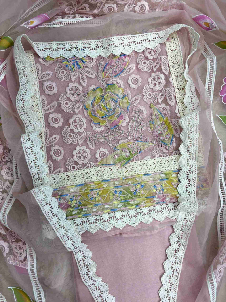 Georgette organza panel with multicolor floral thread embroidery and mirror work highlighting on dusty pink shirt