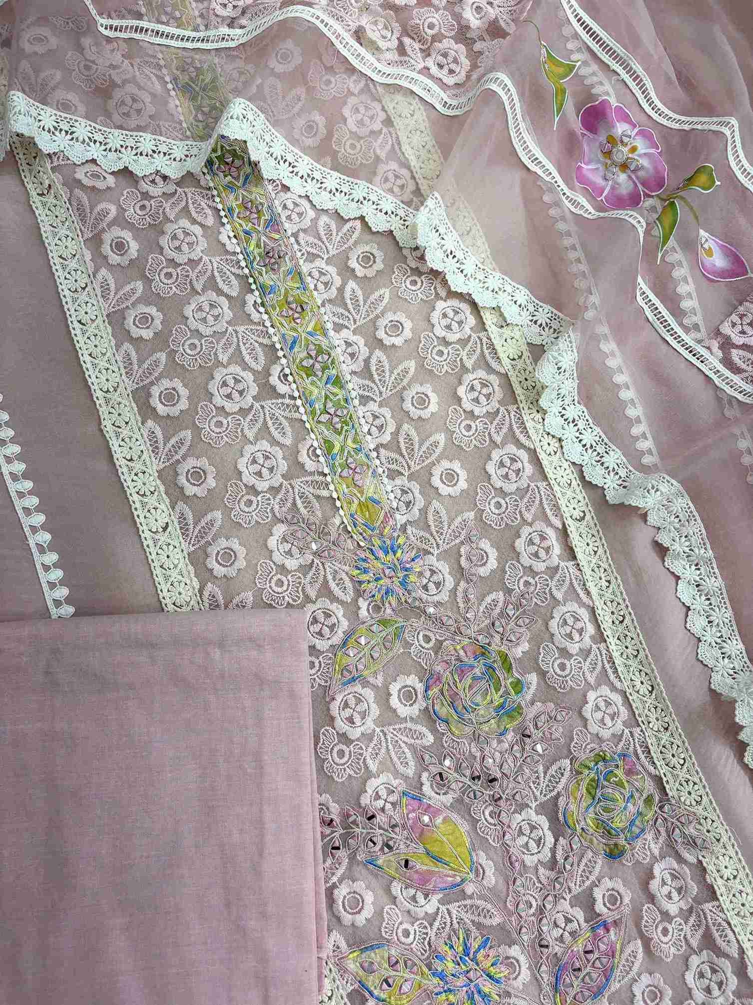 Complete dusty pink organza unstitched suit flat lay set with lace panel shirt, dupatta, and matching bottom