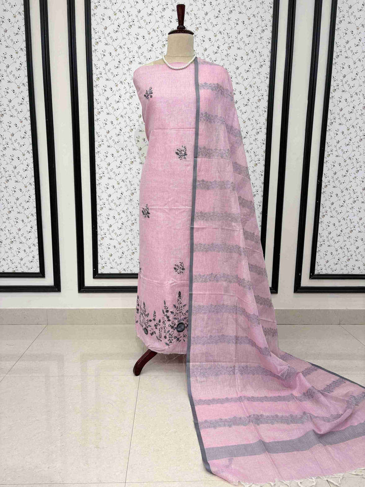 Dusty pink soft cotton bottom fabric detail matching the linen shirt base color