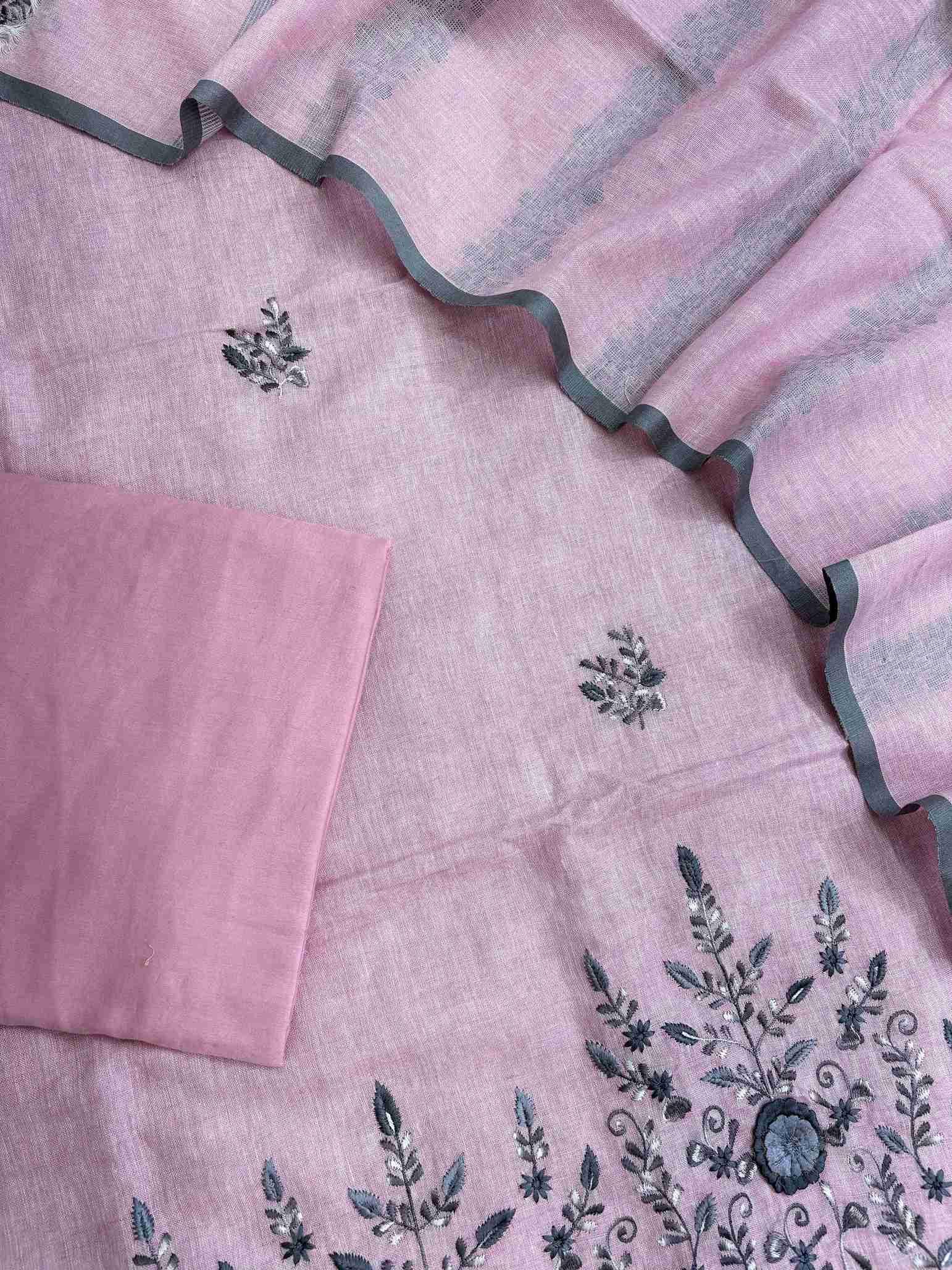 Dusty pink pure linen unstitched suit full flat lay set with shirt, dupatta, and cotton bottom