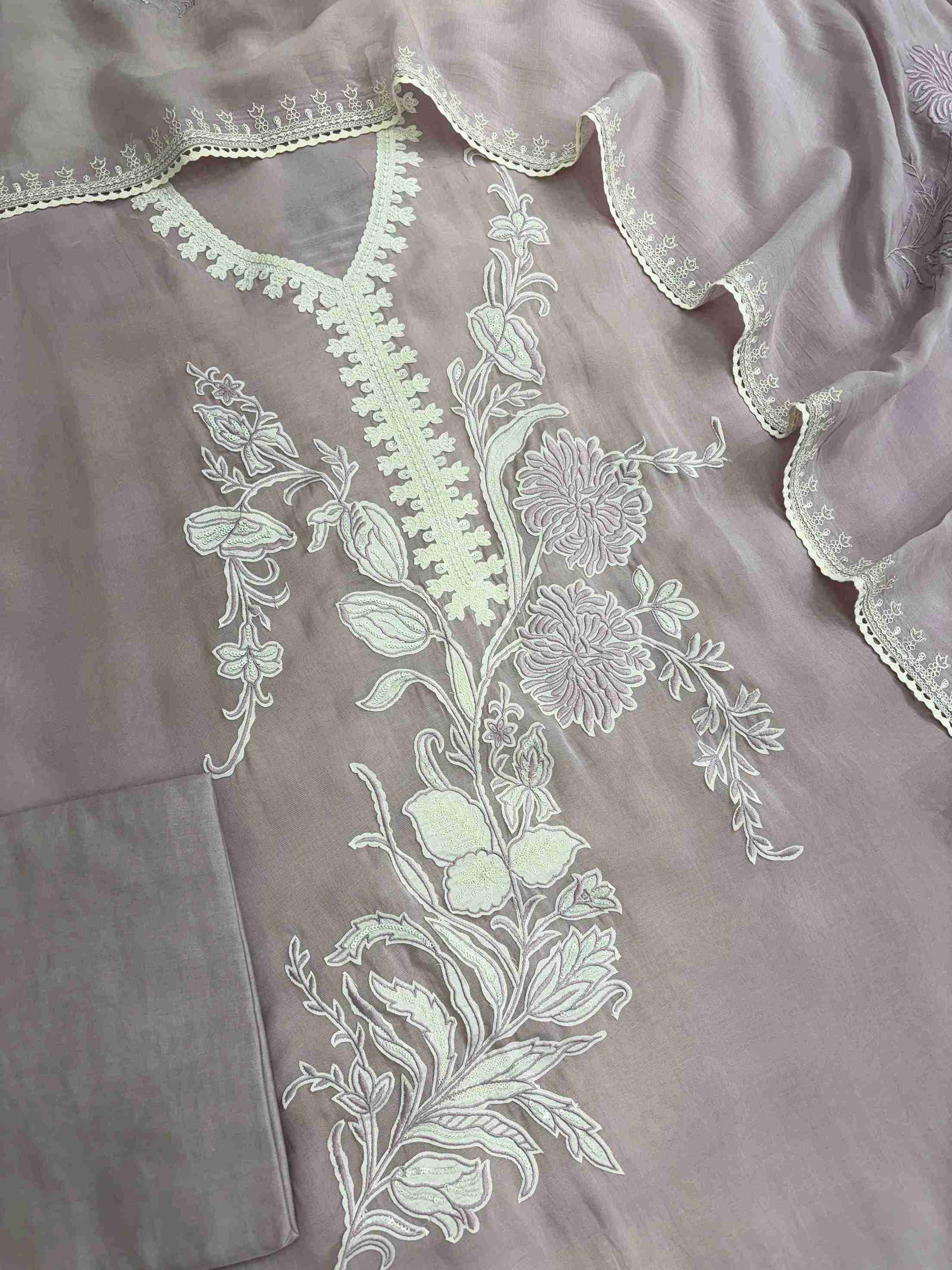 Complete dusty rose mauve mul cotton unstitched suit flat lay set with shirt, dupatta, and fine cotton bottom